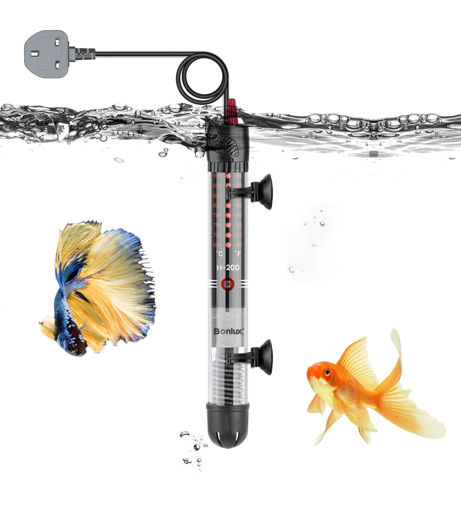 Bonlux 50W Submersible Aquarium Heater: Adjustable Temperature, Thermometer, 2X Sucker Cups | For Fish Turtle Tank up to 60L Water | BS Plug, 0.9M Cable - Black - Buy Online on SooperMarket.com