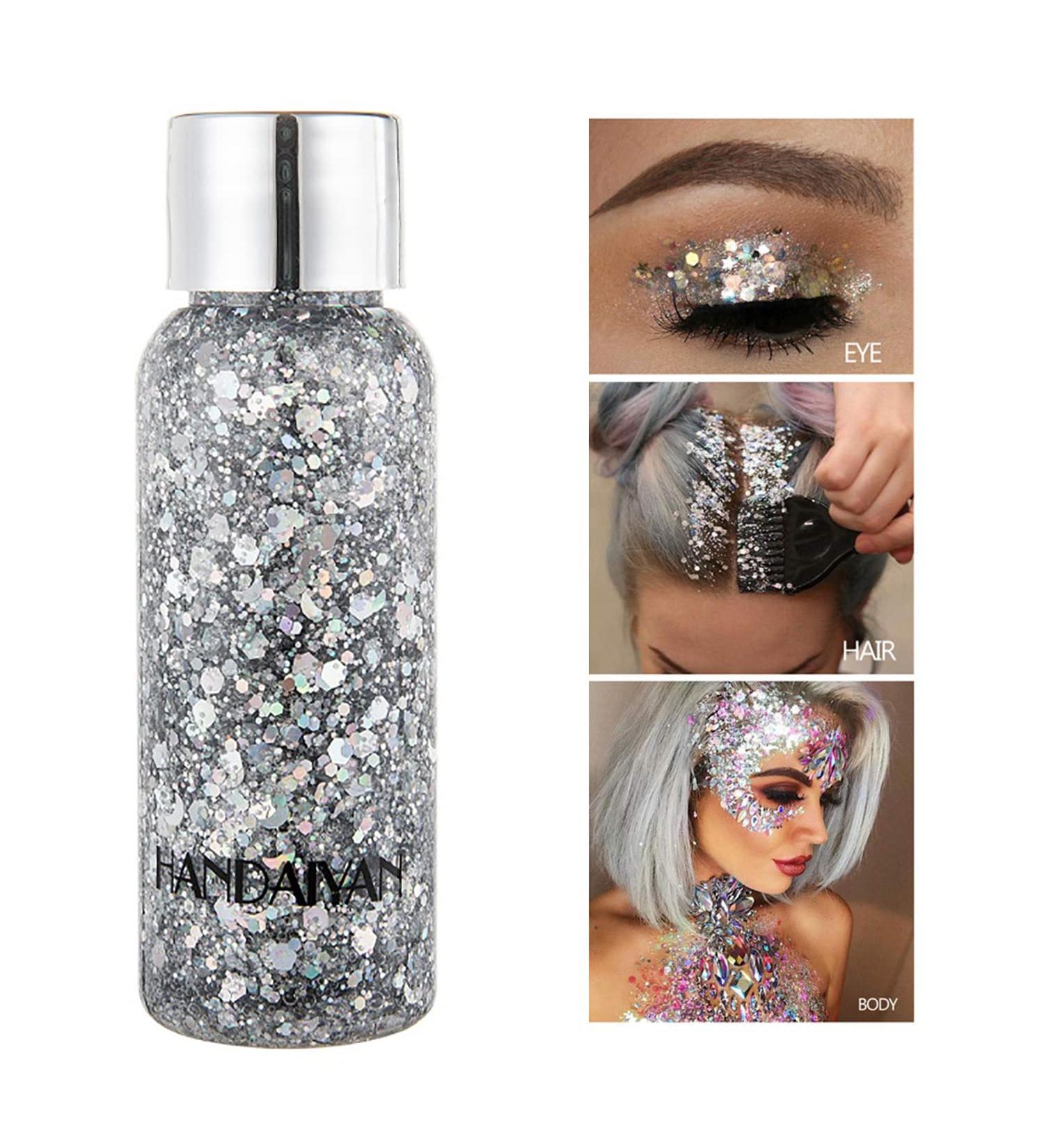 Mermaid Sequins Body Glitter Gel - Long Lasting Makeup for Face, Body, Hair, and Eyes - Silver - Perfect for Festivals and Parties - Easy to Apply and Remove - Buy Online on SooperMarket.com