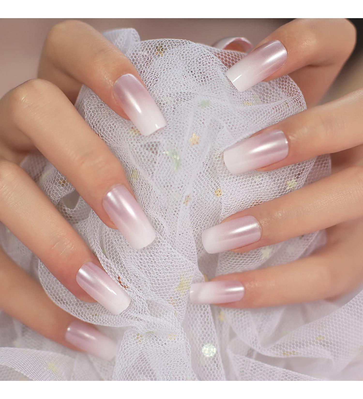 Medium Long Square Pink White Gradient Press on Nails | Full Cover Fake Nails for DIY Manicure | Christmas Nail Art Tips - Buy Online on SooperMarket.com
