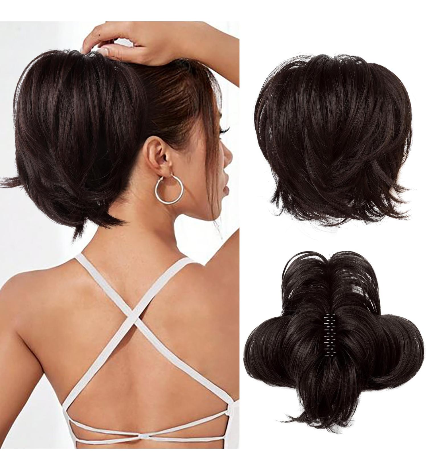 REECHO Hair Bun Claw Clip Messy Bun Hair Piece Short Ponytail Extension with Bendable Metal Wire Fake Bun Hair Pieces for Women - Dark Brown - Buy Online on SooperMarket.com