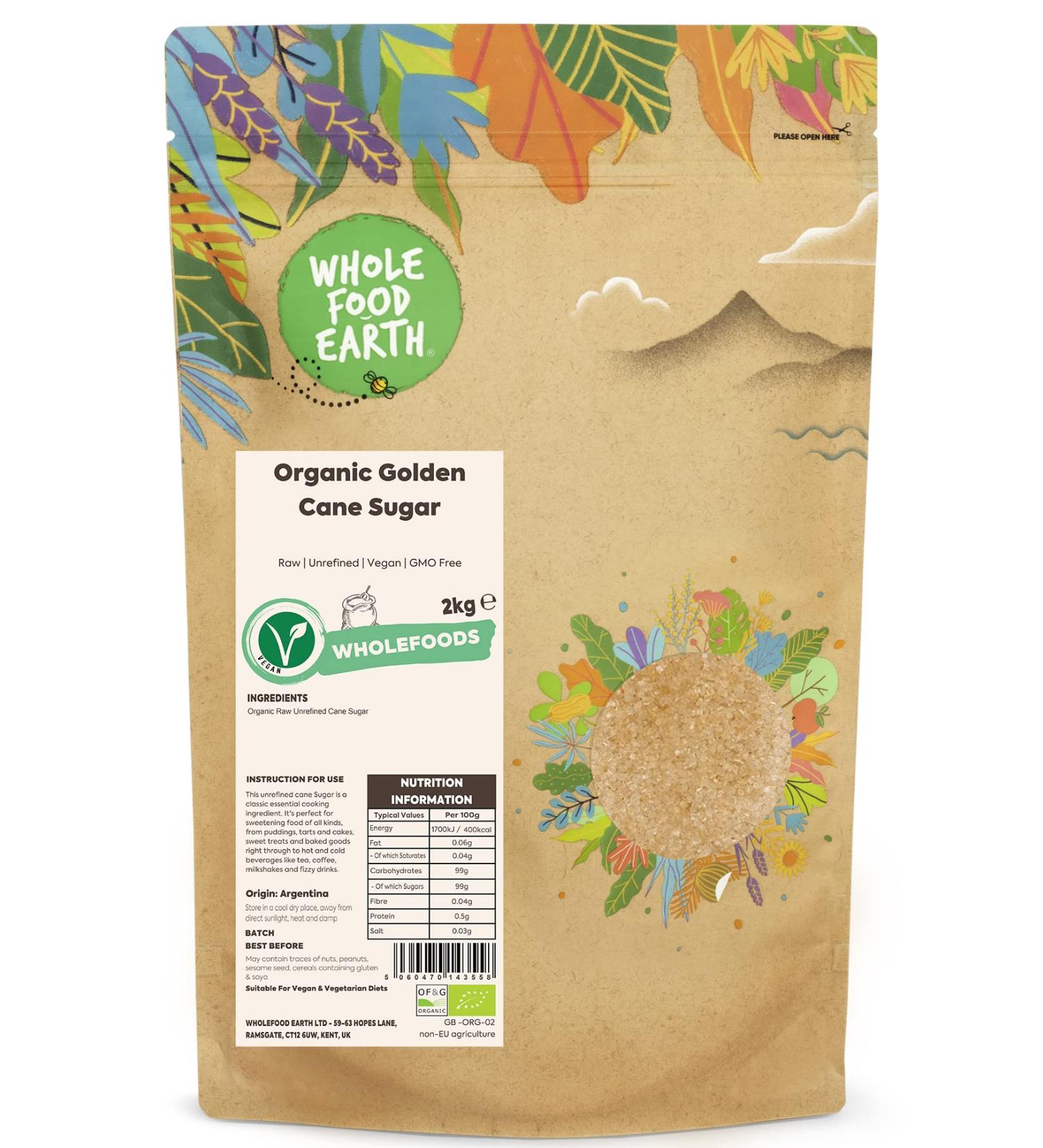 Wholefood Earth Organic Golden Cane Sugar 2kg | Raw, Unrefined, Vegan | GMO Free | Certified Organic - Buy Online on SooperMarket.com