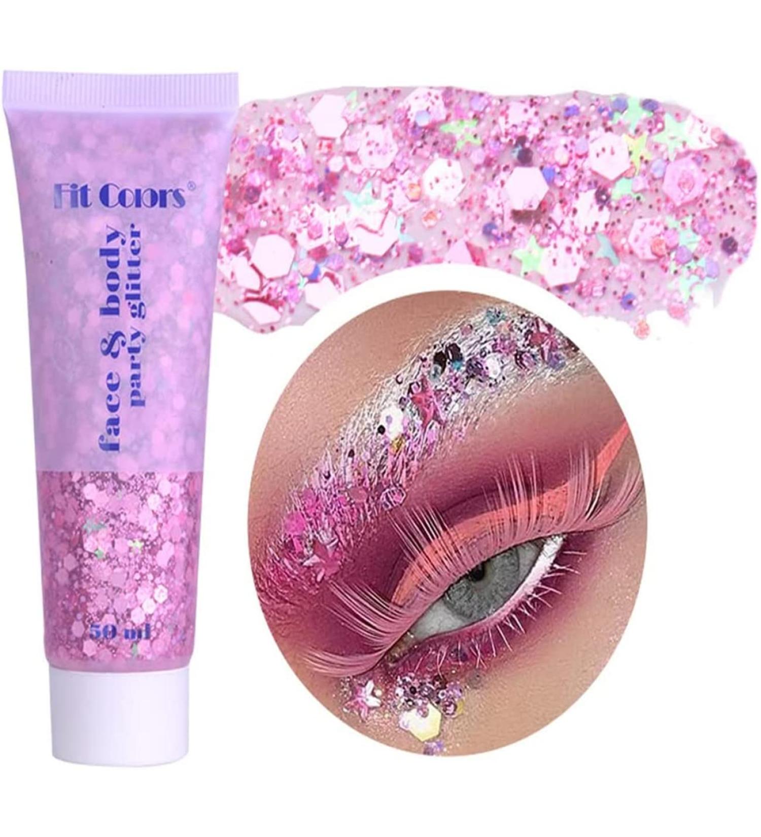 Buy Holographic Body Glitter Gel - Long Lasting Pink Sparkling Sequins for Face Body Eye Hair Nail - Perfect for Festival Makeup | International Shipping - Buy Online on SooperMarket.com