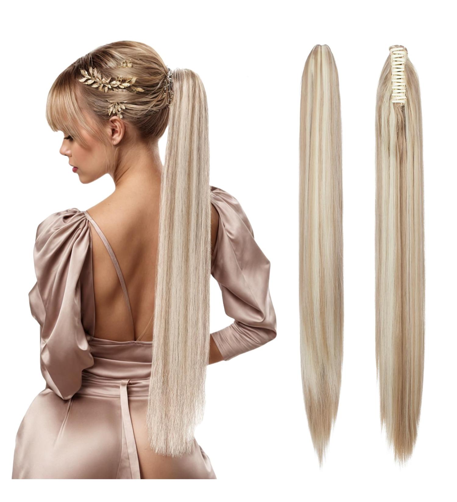 TESS Claw Clip in Ponytail Hair Extensions 26 Inches Straight Ponytail Extension Ash Blonde Balayage Hair Extensions Clip in Ponytail Blond for Women 150g - Buy Online on SooperMarket.com
