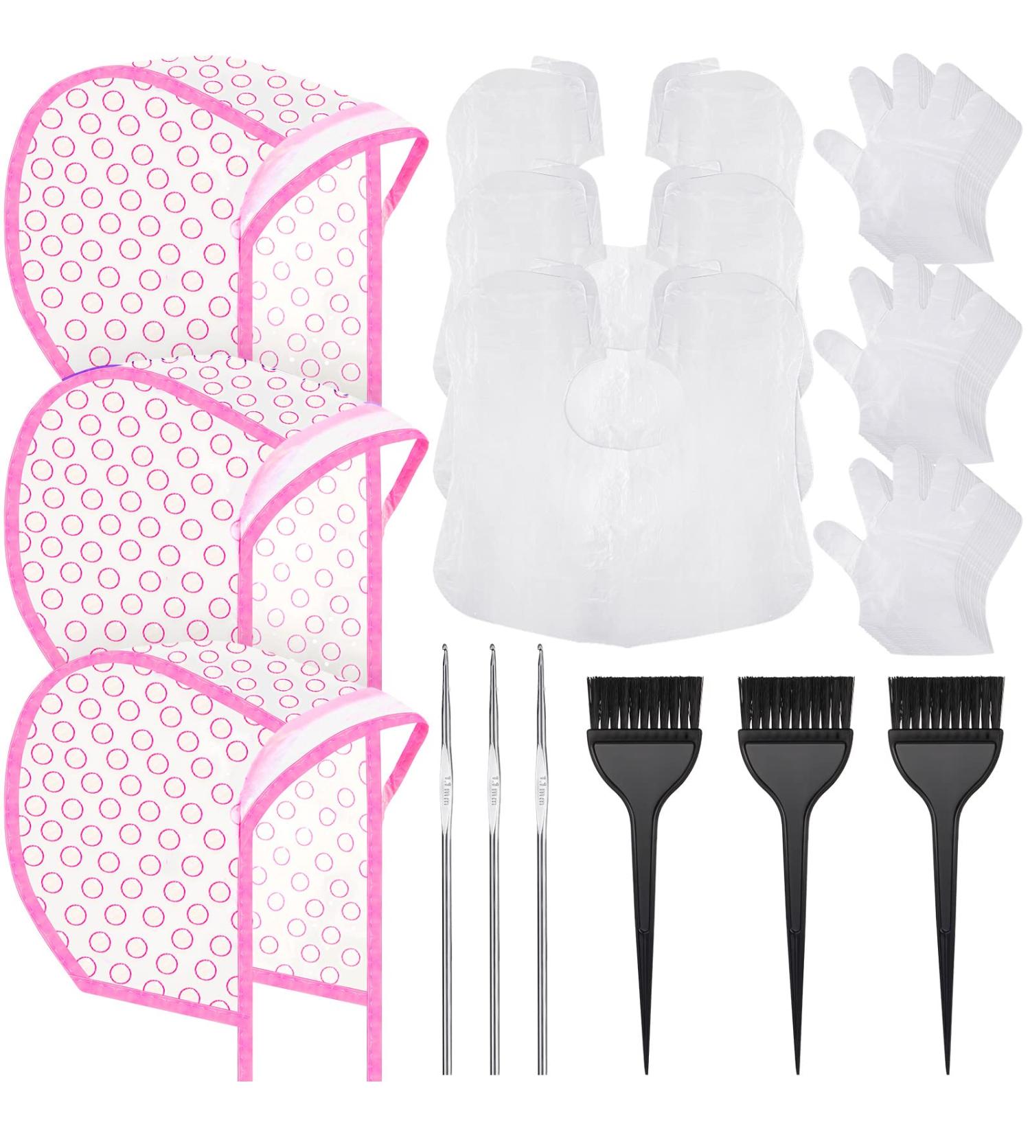 3 Sets Hair Coloring Kit with PVC Caps, Styling Tools, Shawls, Gloves, and Brushes (Pink) - Buy Online on SooperMarket.com
