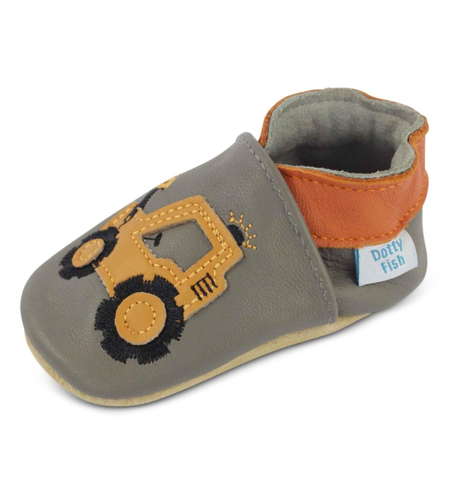 Dotty Fish Soft Leather Baby Shoes | Toddler Boys' Shoes with Non-Slip Suede Soles | Yellow Digger Design | 0-6 Months to 4-5 Years - Buy Online on SooperMarket.com