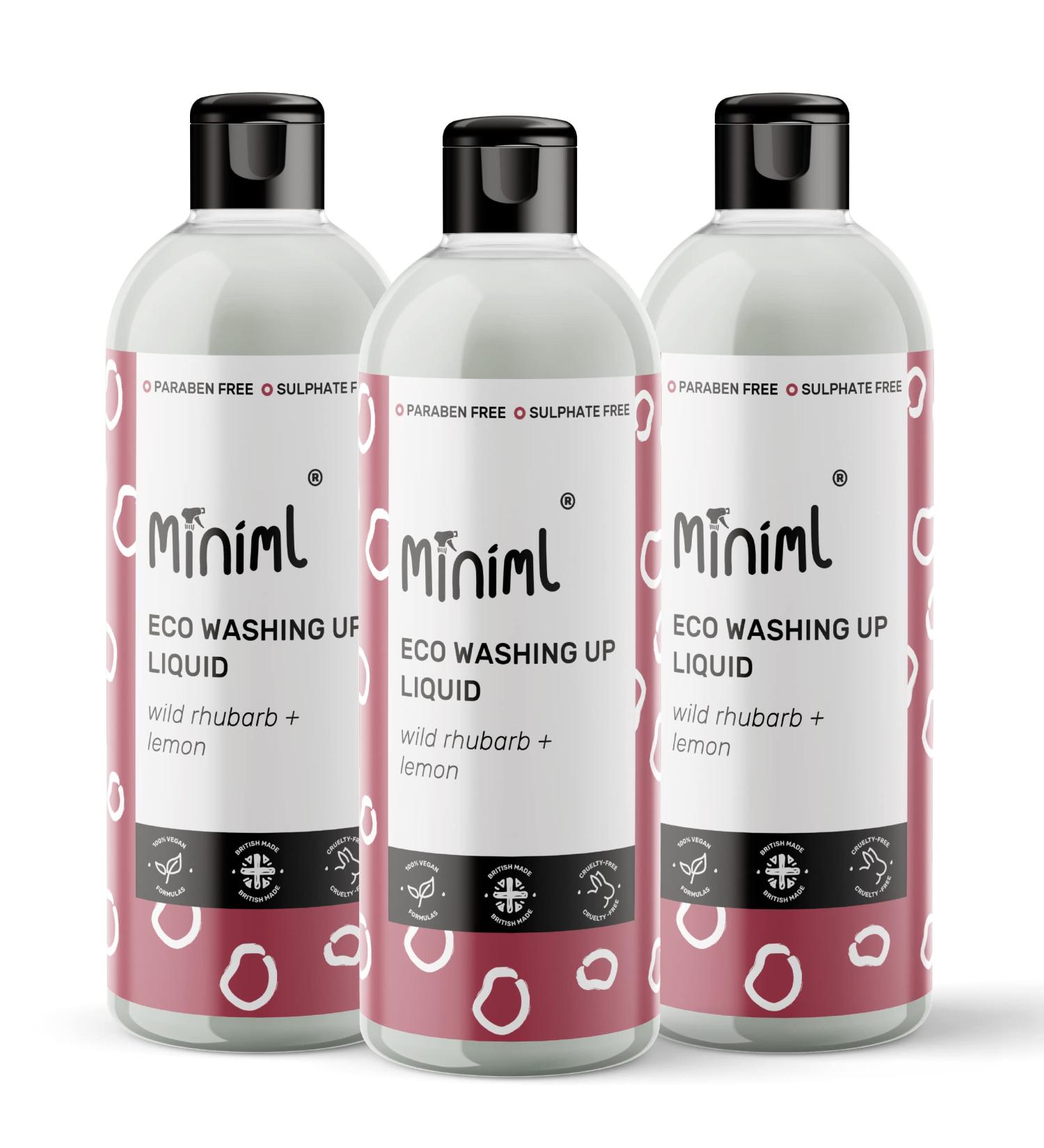 Miniml Eco Washing Up Liquid 3 x 500ml - Rhubarb Scented Non Bio & Skin Sensitive Friendly Dish Wash Cleaner that's Plant Based Vegan & Cruelty Free - Natural Cleaning Products (150 Washes) - Buy Online on SooperMarket.com