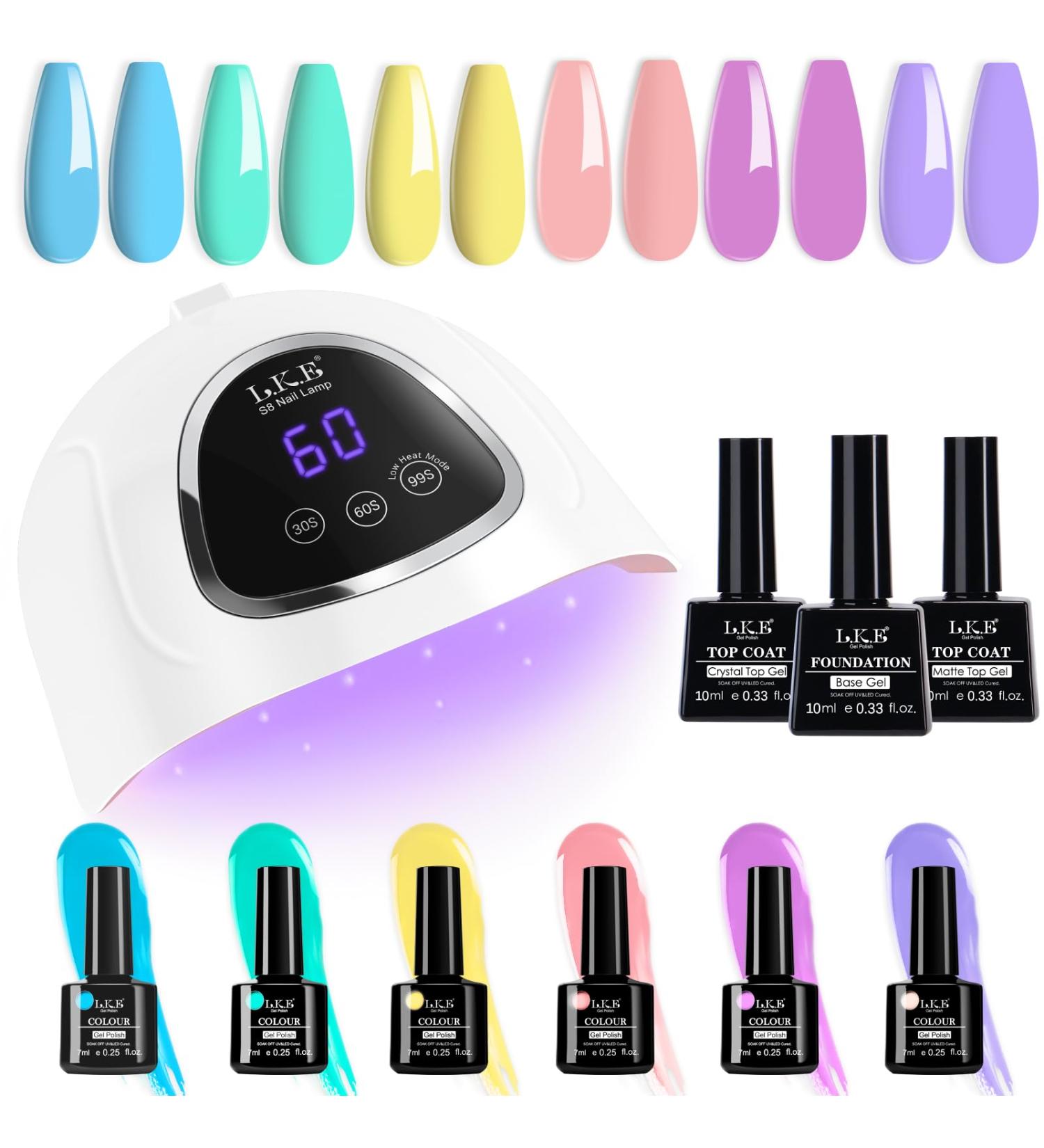 LKE Gel Nail Polish Kit with 72W UV Lamp | 6 Macaron Colors + Top & Base Coat | Manicure DIY Gifts for Women - Buy Online on SooperMarket.com