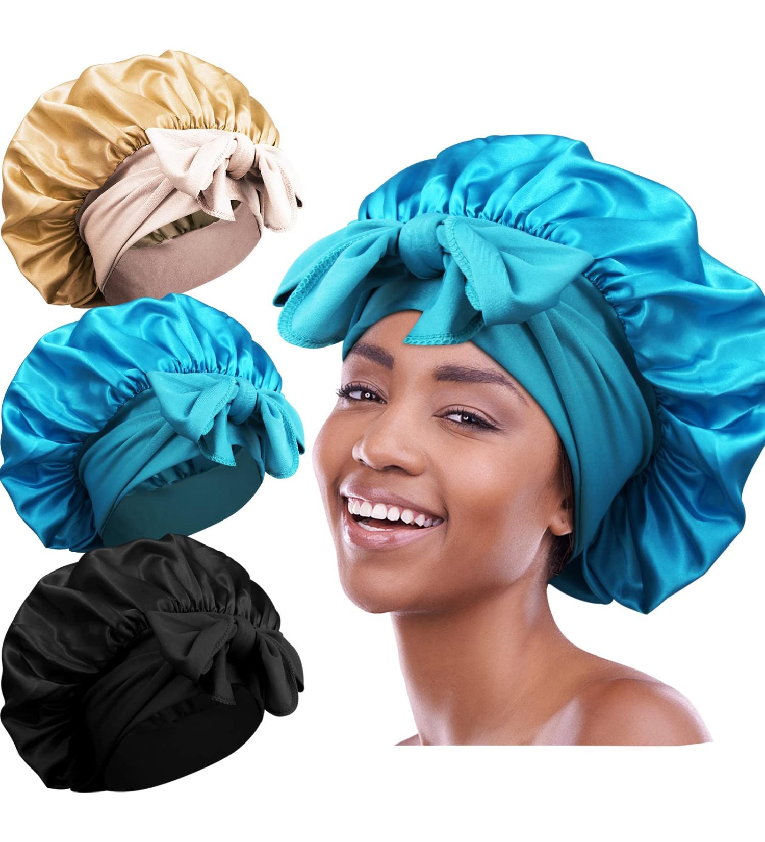 3pcs Satin Bonnets for Black Women - Large Silky Bonnet Set in B- Black, Peacock Blue, Rose Gold - Buy Online on SooperMarket.com