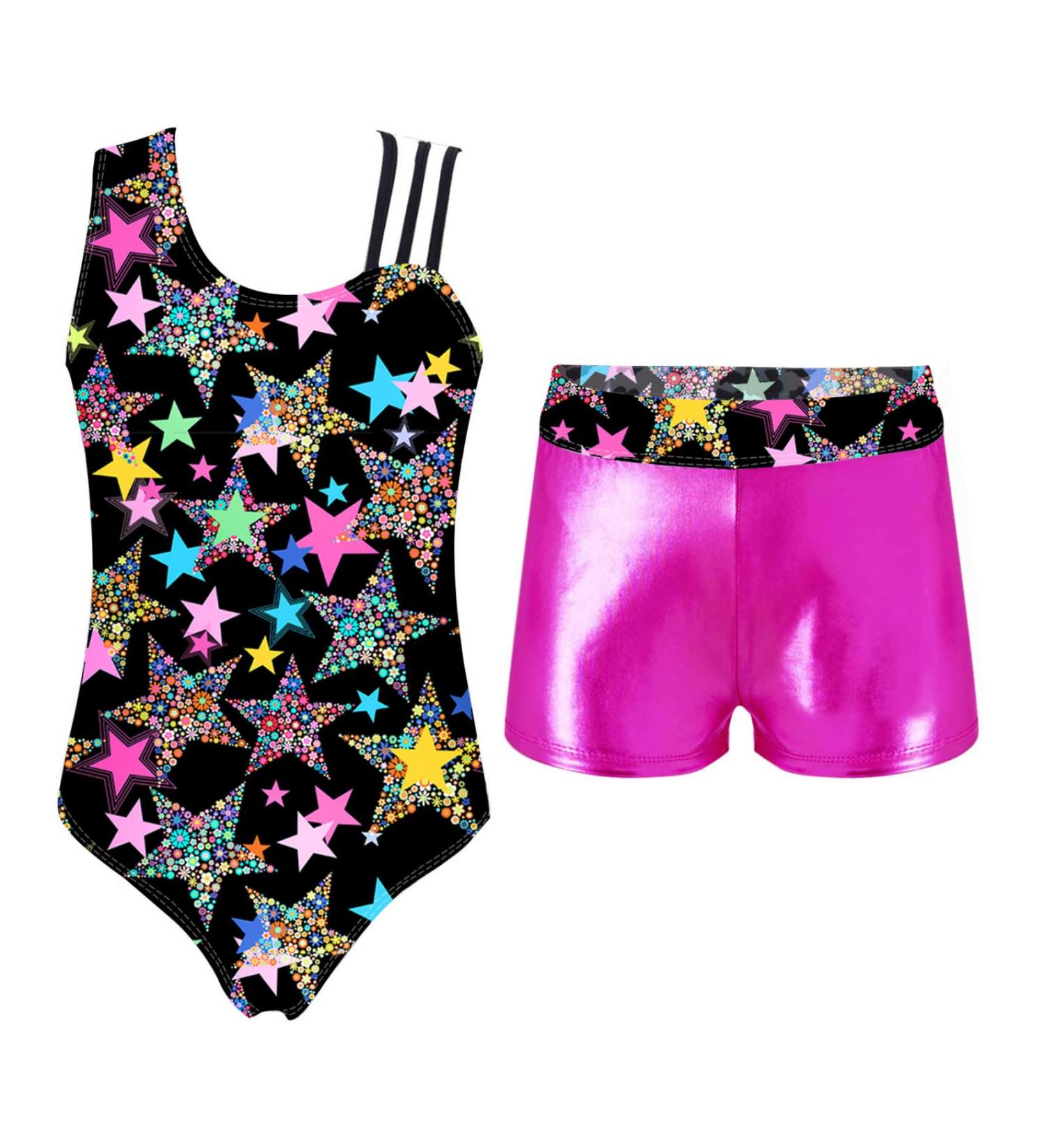 Yihuimin Kids Girls Metallic 2 Pcs Gymnastics Leotard with Shorts School Dance Uniform Swimsuit Starry Black 4T