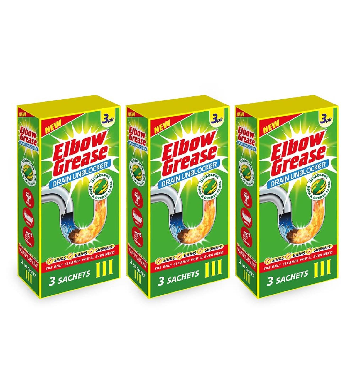 Elbow Grease Drain/Sink Unblocker 3 Sachets and 750ml Liquid Bottle - Heavy Duty Cleaner- Quickly and Easily Remove Sinks Baths Showers Blockage (Pack of 3 (9 Sachets))