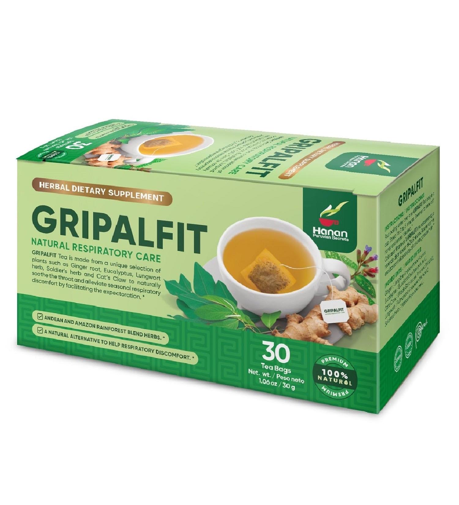 Gripalfit Respiratory Blend - Eucalyptus Leaves (Hojas de Eucalipto) Ginger (Jengibre) Cat's Claw (U a de Gato) Lungwort (Pulmonaria) Soldier's Herb (Matico) - 30 Tea Bags of Herbal Tea from Peru - Buy Online on SooperMarket.com