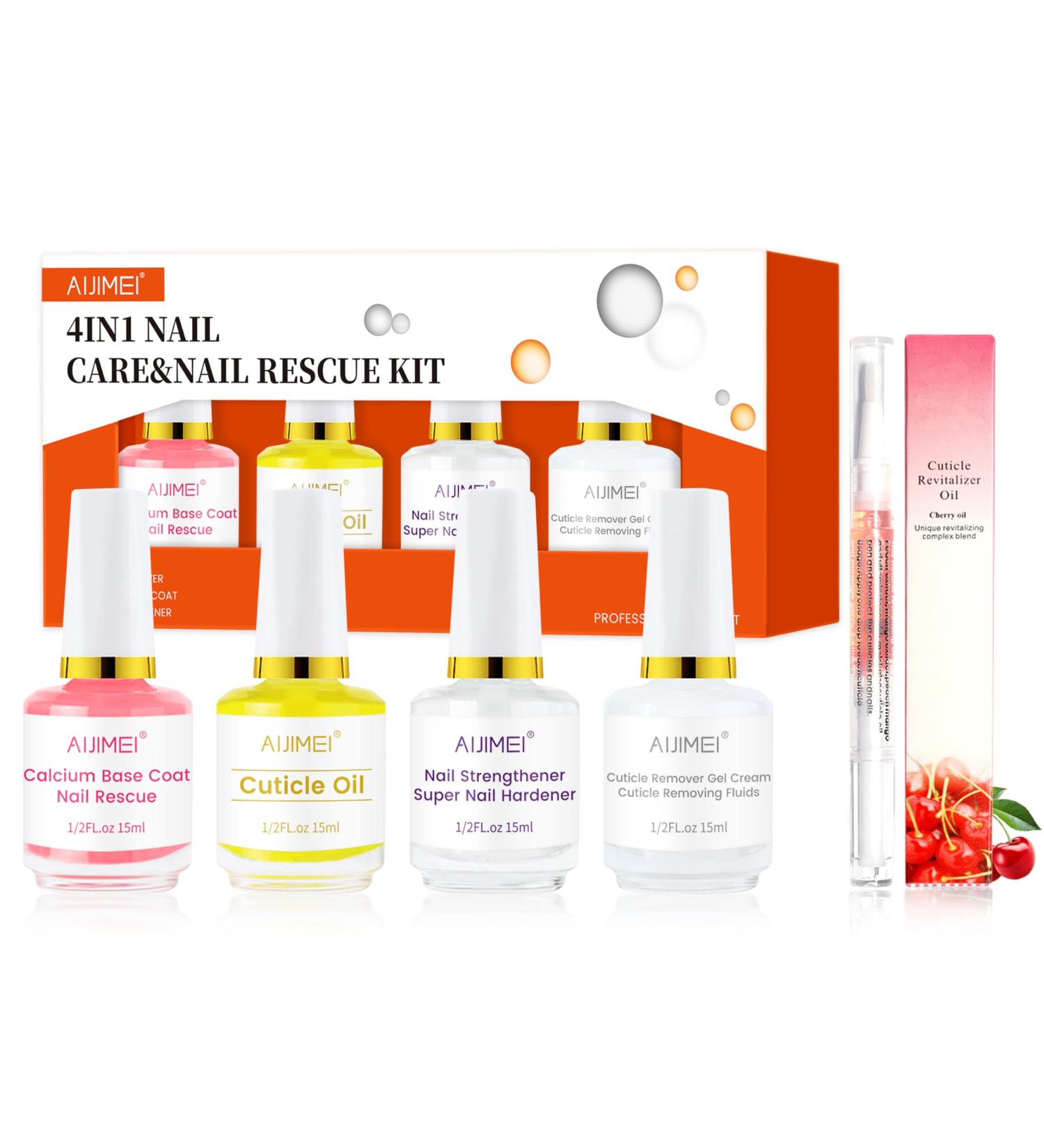 AIJIMEI 4-in-1 Professional Nail Kit: Cuticle Remover Gel Calcium Primer Nail Hardener & Strengthener Base & Top Coat Cuticle Oil - Ultimate Nail Care Solution - Buy Online on SooperMarket.com