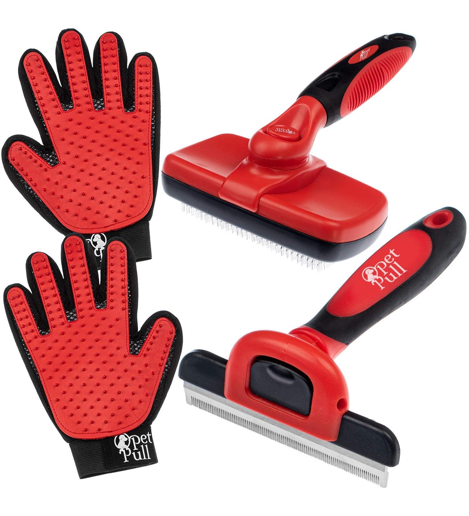 Professional Pet Grooming Kit with Self Cleaning Slicker Brush for Dogs & Cats | Reduces Shedding Fur | Includes Pet Hair Remover Gloves | Combo Gift Set - Buy Online on SooperMarket.com