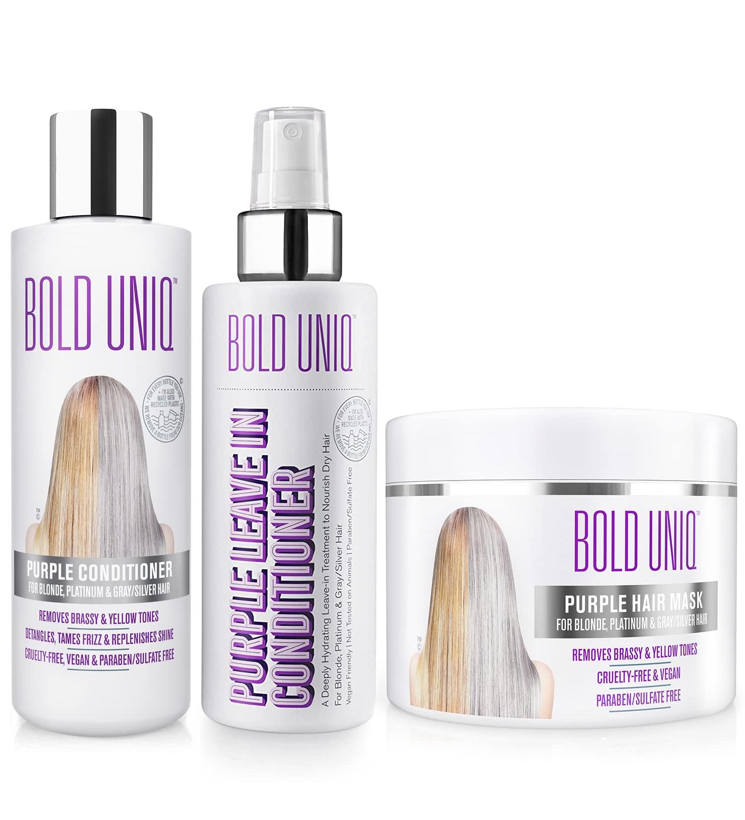 Purple Hair Mask, Conditioner & Leave-In Bundle for Blonde, Platinum, Silver, Gray, Ash, and Brassy Hair - Eliminate Yellow Tones, Hydrate and Repair Damaged Hair - Vegan - Buy Online on SooperMarket.com