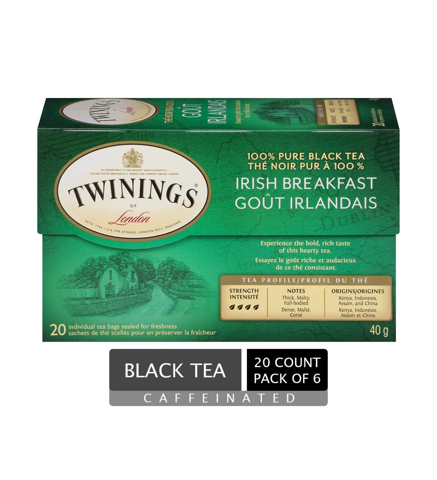 Twinings Irish Breakfast Individually Wrapped Tea Bags | Caffeinated Thick Malty Full-Bodied 100% Black Tea | 20 Count (Pack of 6) | Enjoy Hot or Iced Irish Breakfast 20 Count (Pack of 6) - Buy Online on SooperMarket.com