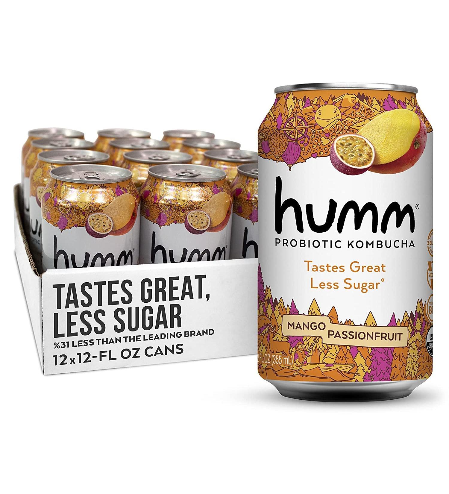 Humm Probiotic Kombucha Mango Passionfruit - 2 Billion Probiotics - Organic, Vegan & GMO-Free - 12 Pack, 12 Fl Oz - Buy Online on SooperMarket.com