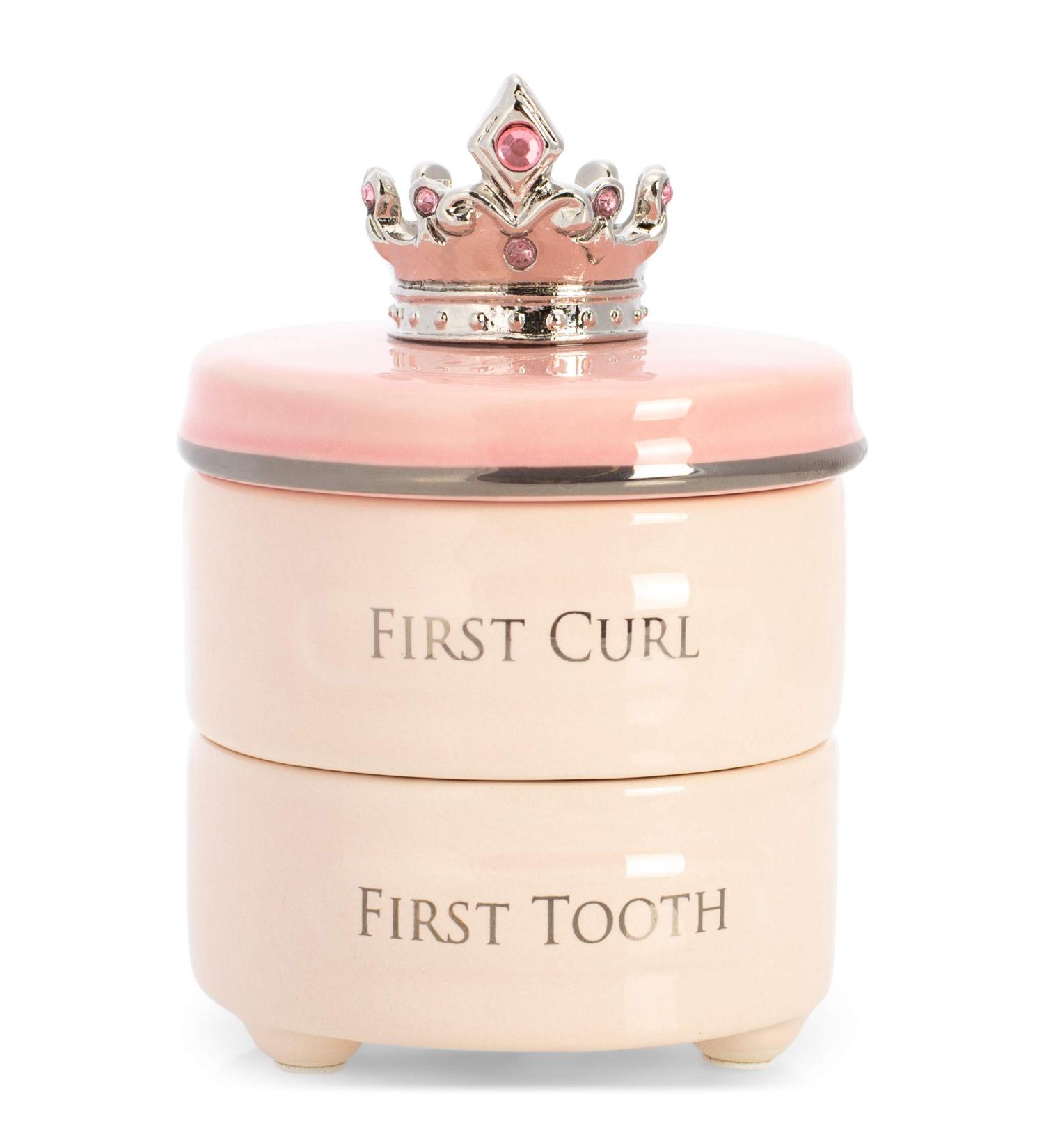 DEMDACO Pink Ceramic Children's Keepsake Box - First Tooth and Curl | Stackable Stoneware Box for Girls - Buy Online on SooperMarket.com