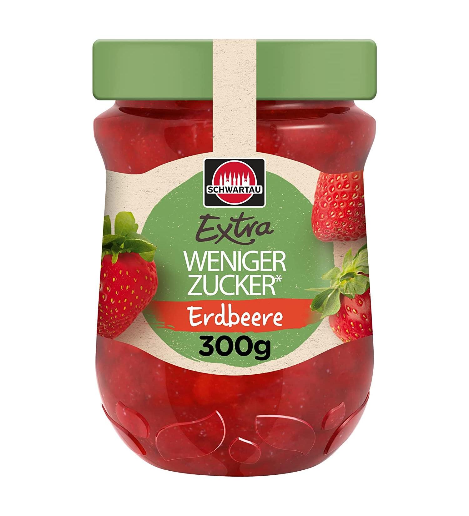 Schwartau Extra Less Sugar Strawberry Spread 300g | Reduced Sugar Fruit Jam for Healthier Enjoyment - Buy Internationally - Buy Online on SooperMarket.com