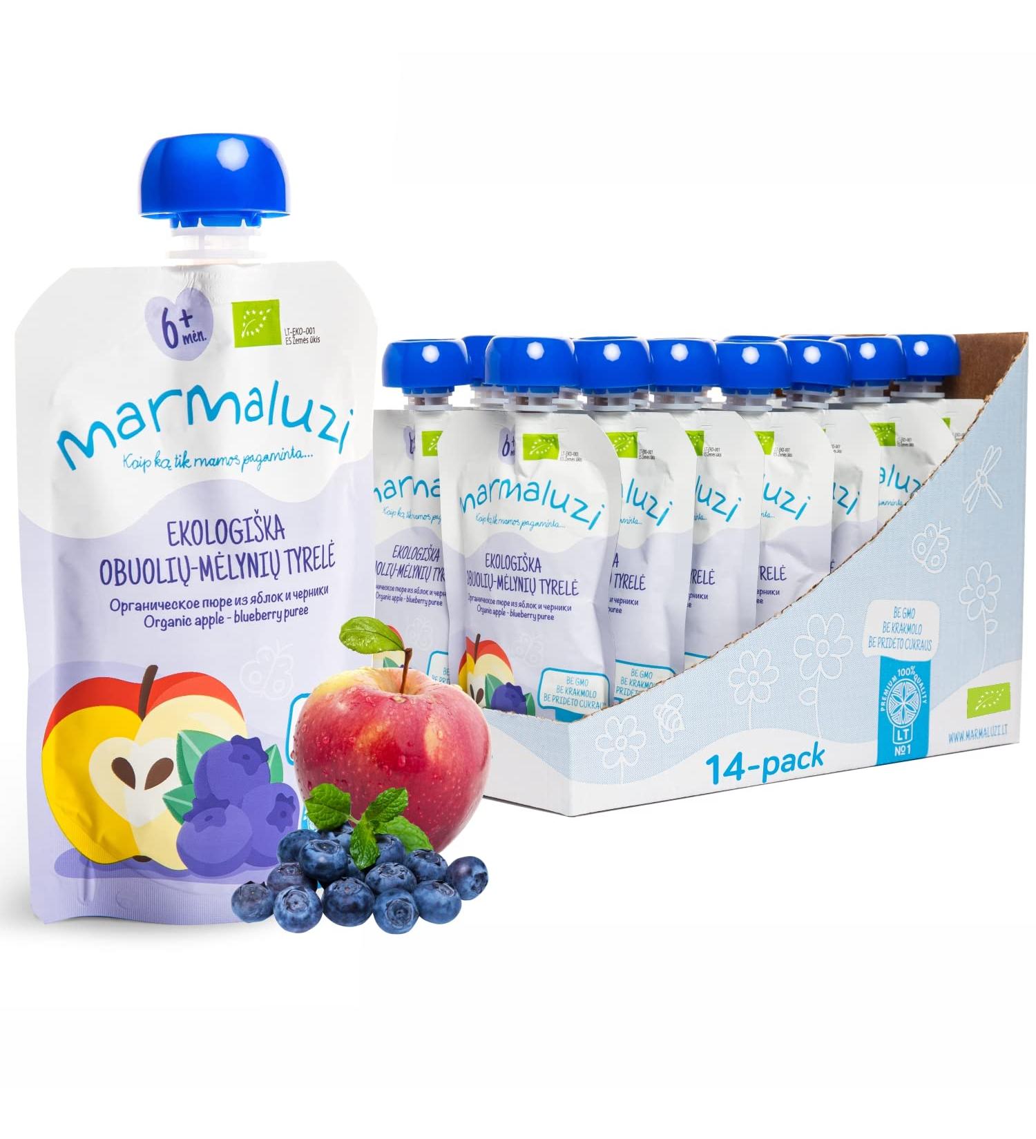 Organic Quetschies by Marmaluzi - Premium Baby Quetschie for Children from 6 months - fruit puree without adding sugar and additives - apple & blueberry - 14 Pack (14 x 90g.)