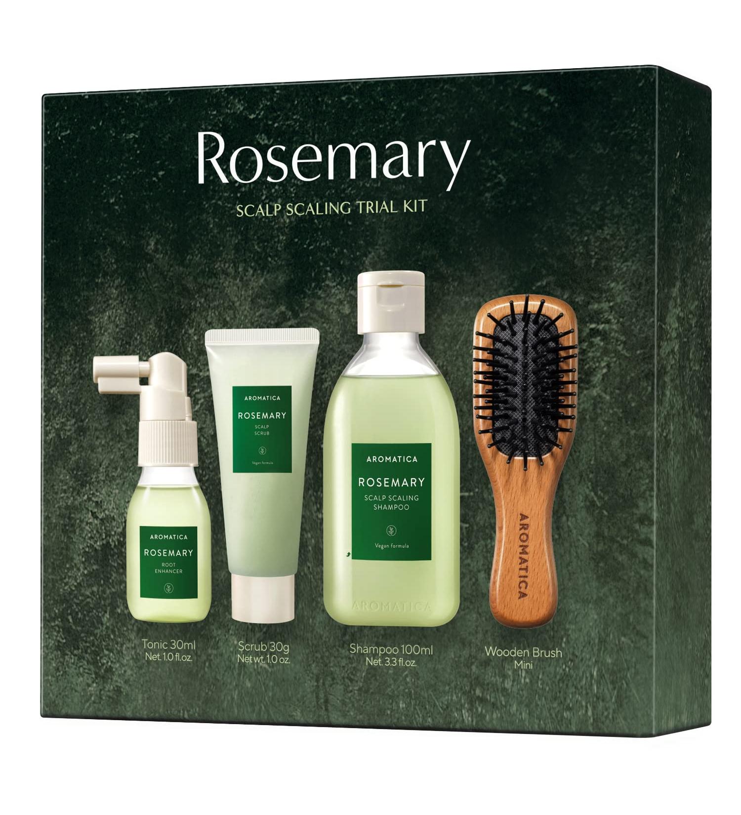 AROMATICA Rosemary Scalp Scaling Trial Kit with Mini Wooden Hair Brush - Clearer, Dandruff-Free Hair - Plant-Based Vegan Shampoo - 3.38 fl. oz Shampoo + 1.01 fl. oz Root Enhancer & Scalp Scrub - Buy Online on SooperMarket.com