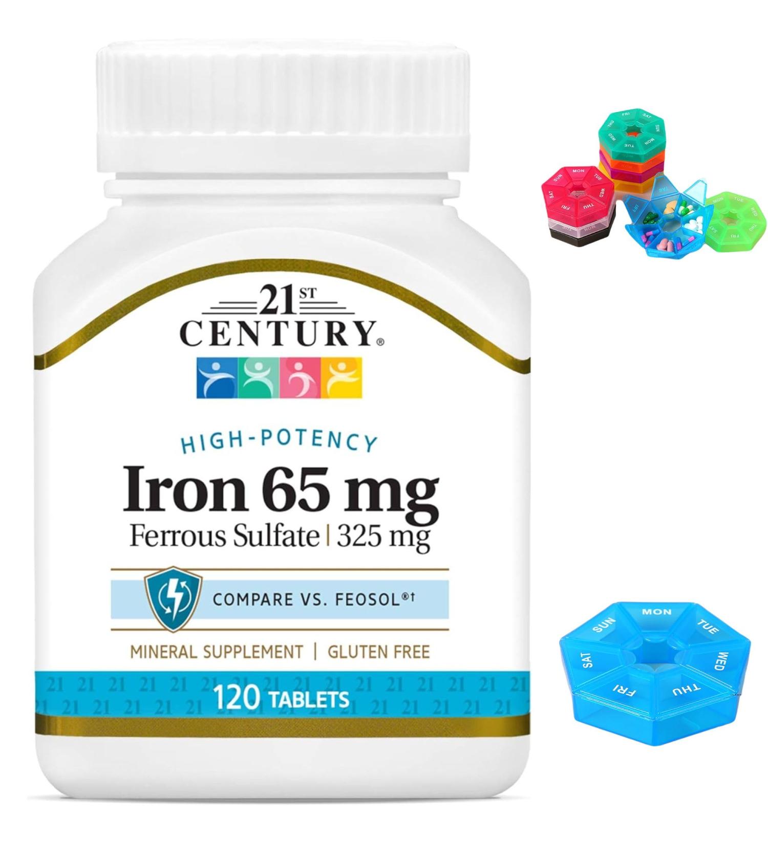 Iron 65 mg Ferrous Sulfate 325 mg Tablets 120 Count Compatible with 21st Century Mineral Supplement Gluten Free Non-GMO + Bonus Pill Organizer Weekly Pill Organizer Mini - Buy Online on SooperMarket.com