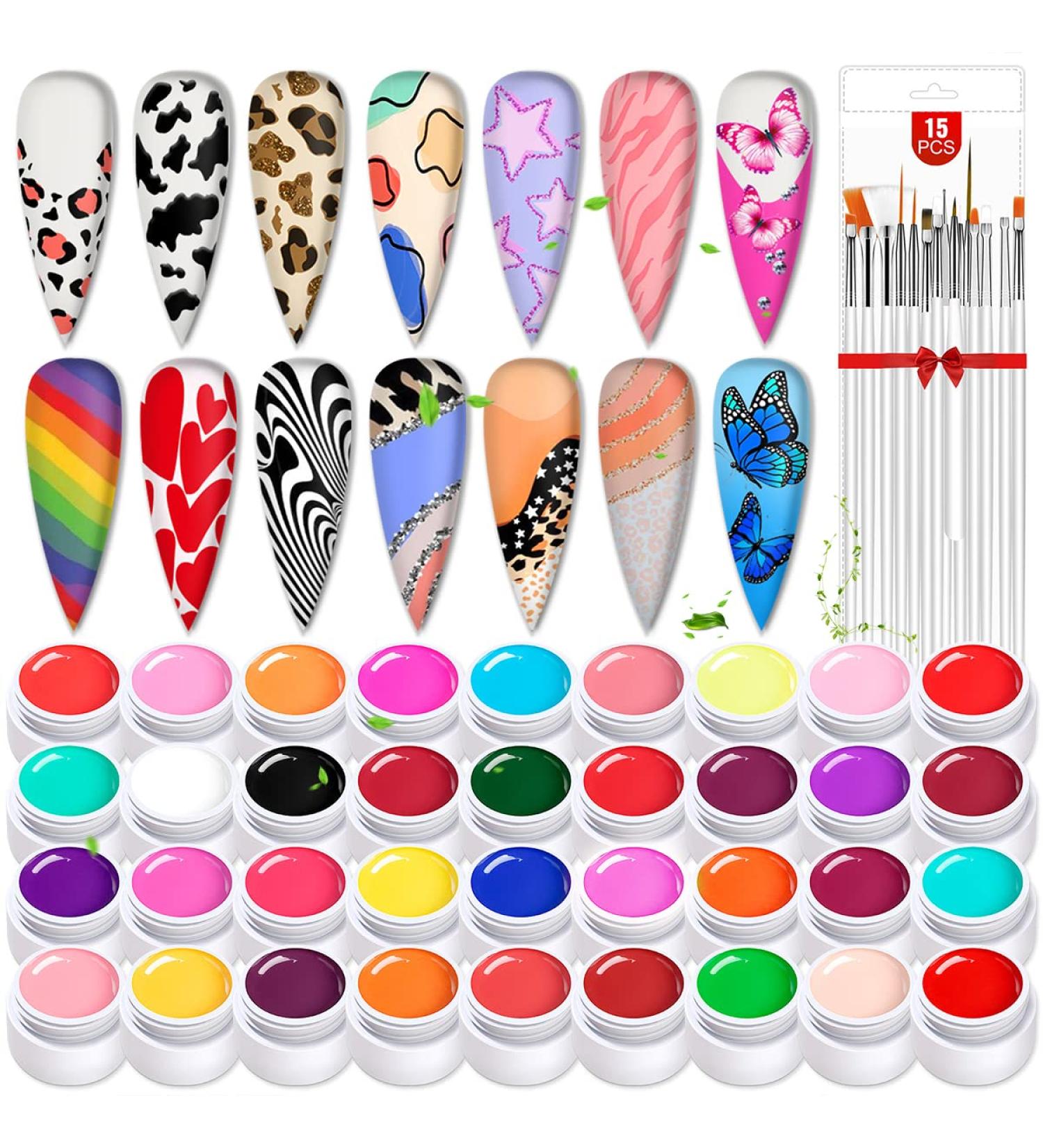 Saviland 36 Colors Gel Paint Nail Art Kit - French Ombre Spring Color Gel Polish Set with 15 Painting Brushes for DIY Nail Design & Salon Manicure - Buy Online on SooperMarket.com