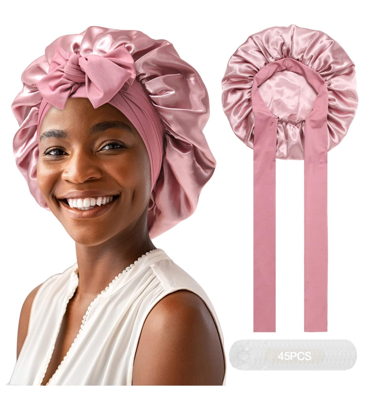Satin Hair Bonnet for Women | Large Double Layer Silk Sleep Cap with Wide Elastic Band | Includes 45PCS Waterproof Disposable Shower Caps | Dusty Rose - Buy Online on SooperMarket.com