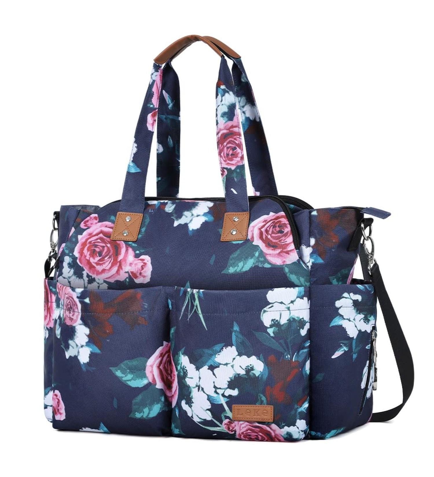 Lekebaby Large Baby Changing Bag with Stylish Rose & Flower Pattern | Nappy Bag for Mom & Dad with Changing Mat - Buy Online on SooperMarket.com