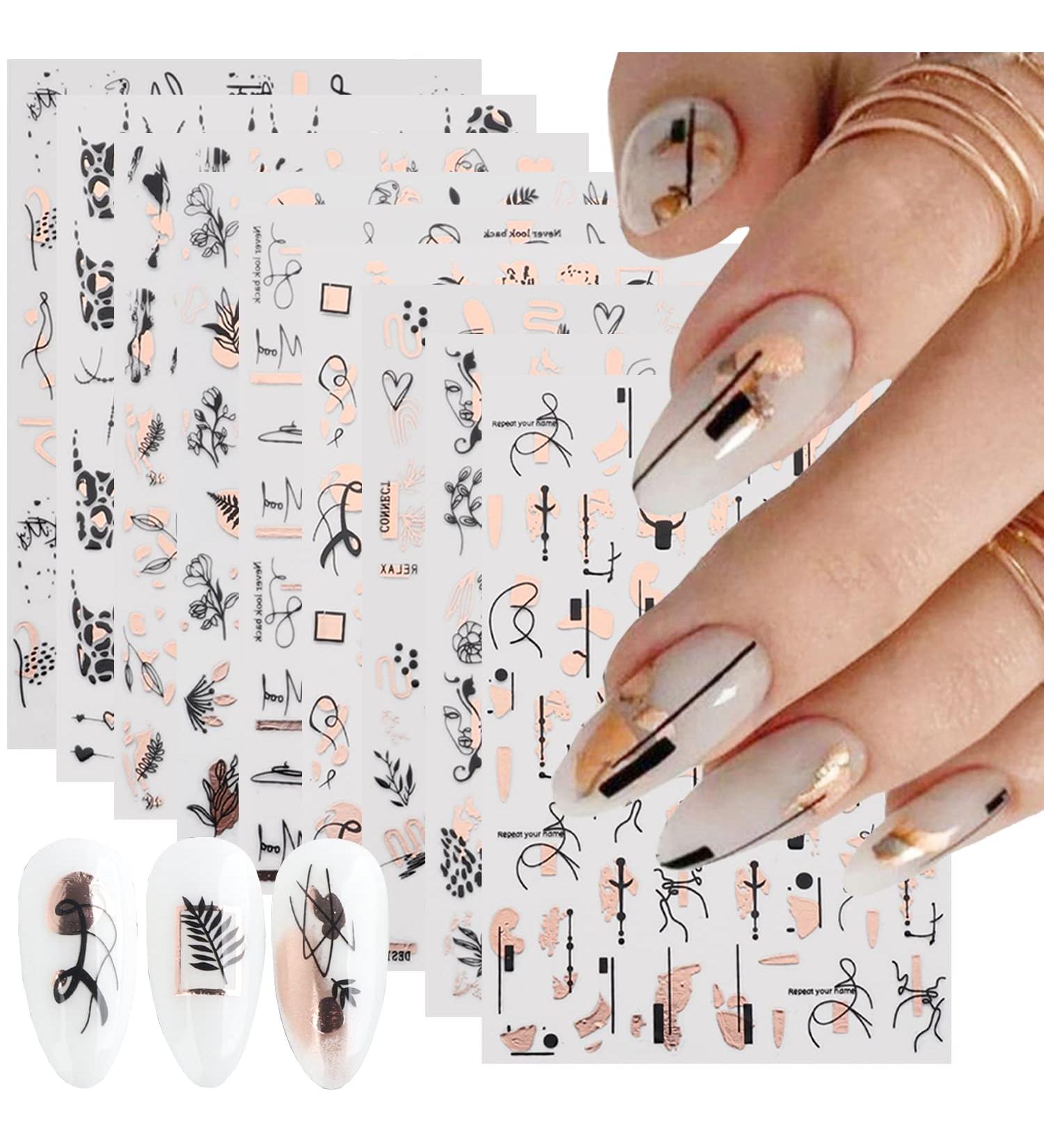 9 Sheets Gold Nail Art Stickers - Self-Adhesive 3D Decals for Nail Design - Abstract Line, Leopard Print, Leaves, Flower Sliders - French Manicure Decoration - Design 2 - Buy Online on SooperMarket.com