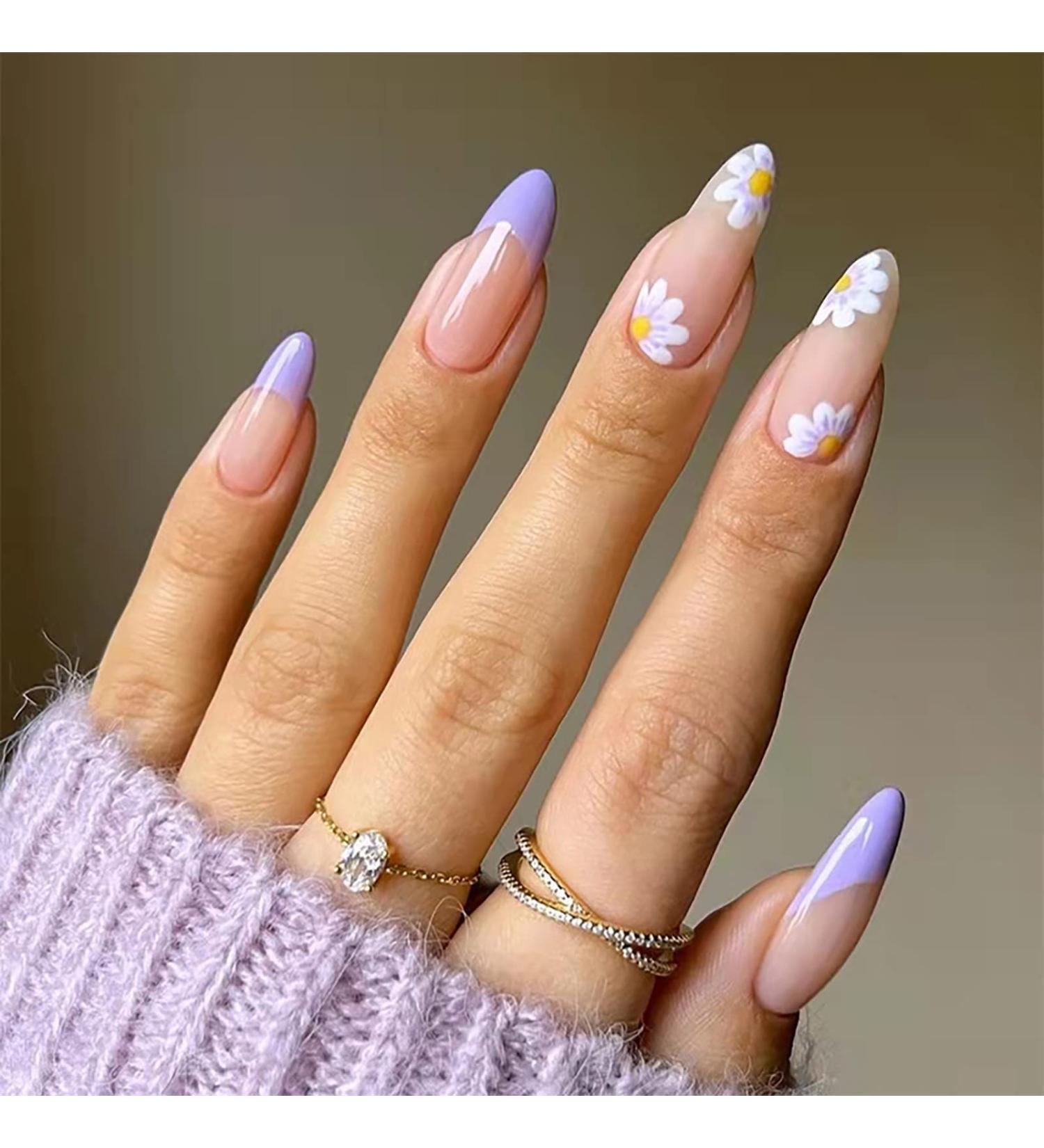 Luvadeyo 24 PCs Press On Nails - Medium Almond Fake Nails with Glue Purple Flower Designs for Women & Girls - Buy Online on SooperMarket.com