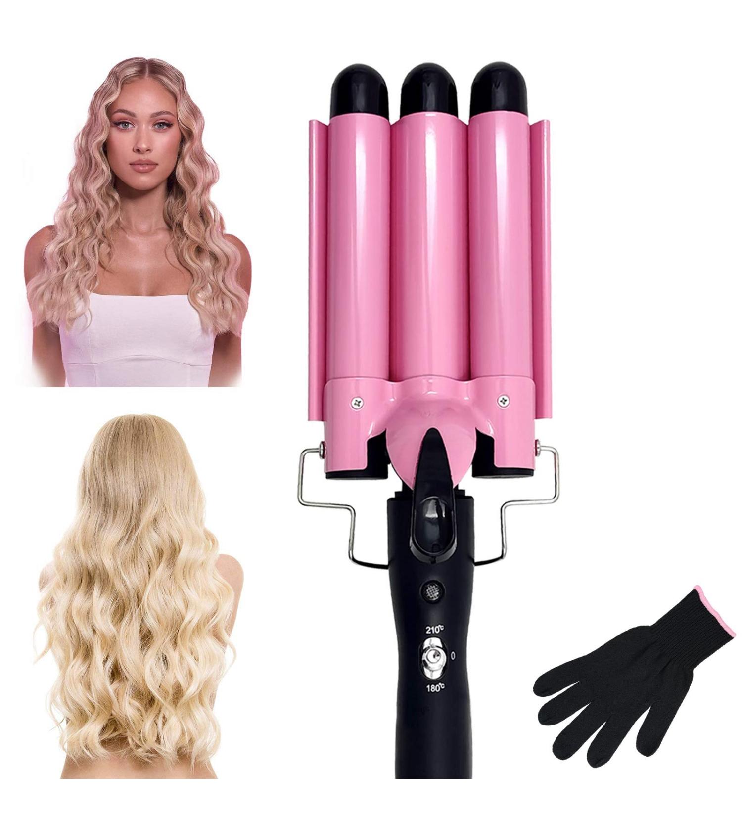 3 Barrel Curling Iron 25mm | Temperature Adjustable Crimper Hair Iron | Ceramic Tourmaline | Fast Heating Curling Wand | Pink - Buy Online on SooperMarket.com