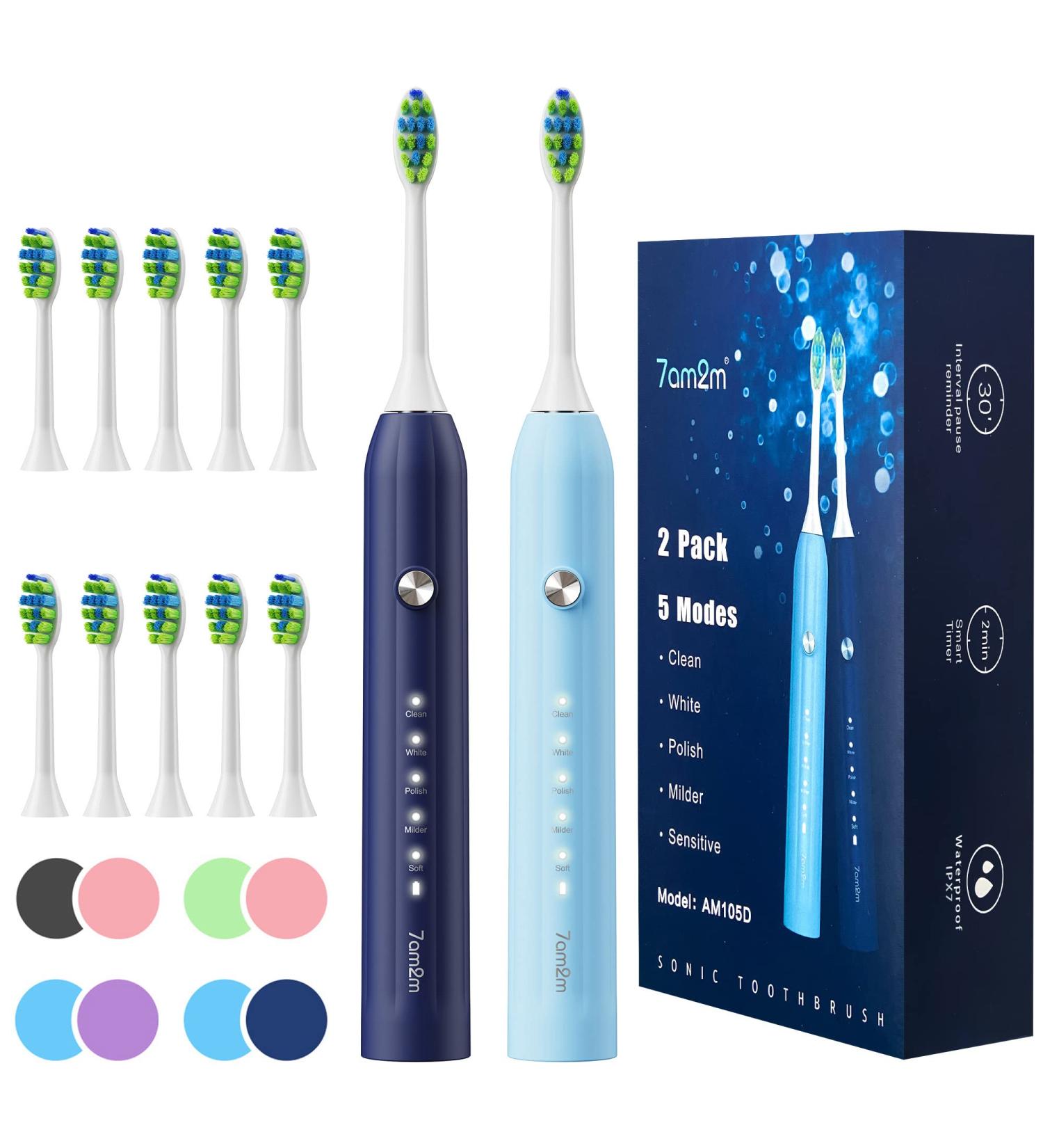 7AM2M Rechargeable Sonic Electric Toothbrush 2 Pack - Soft Toothbrushes for Adults and Kids - 12 Brush Heads - IPX7 - 60 Days Battery Life - 5 Modes - Smart Timer - Navy Blue & Light Blue - Buy Online on SooperMarket.com