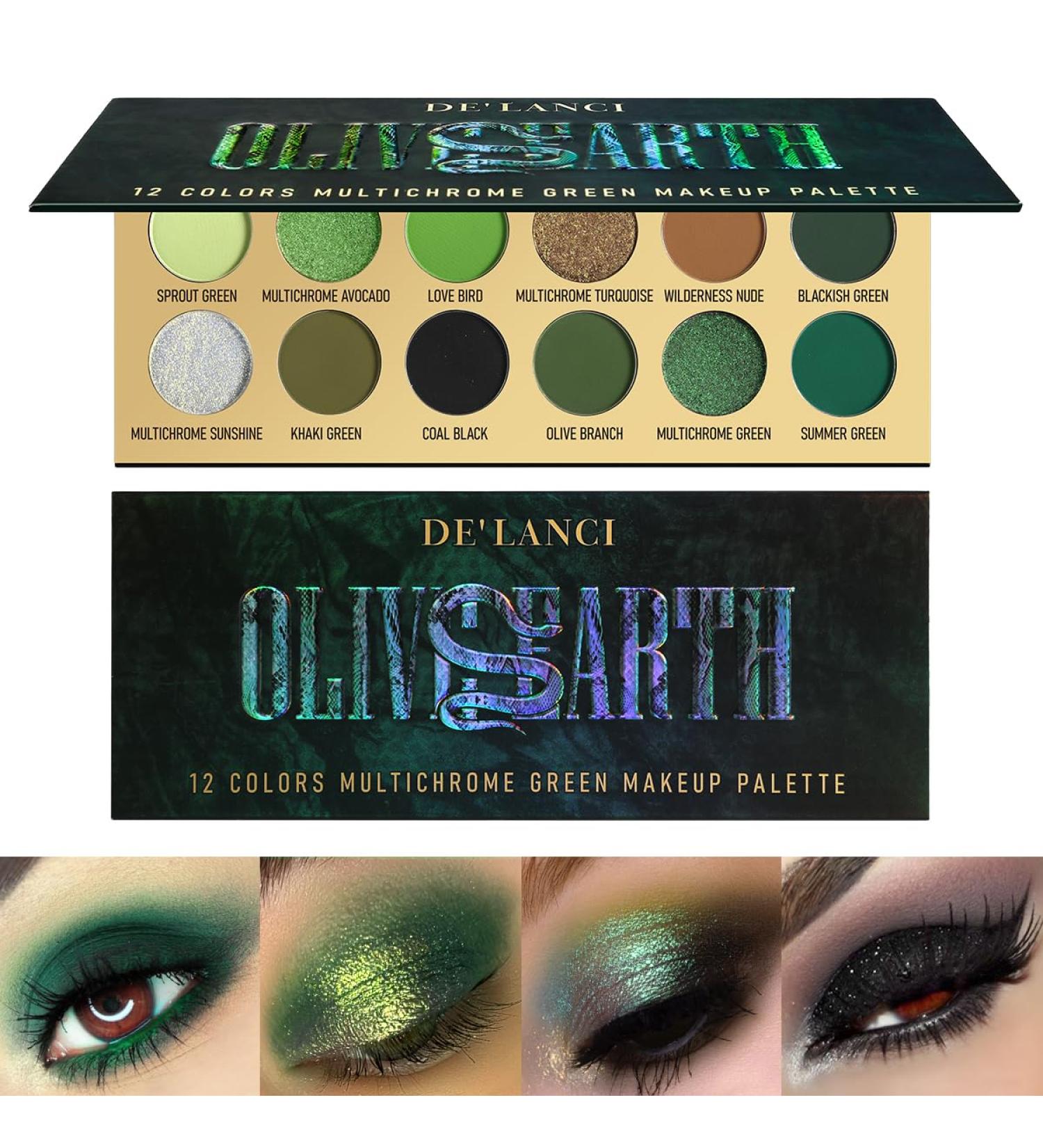 Olive Green Eyeshadow Palette | Black Green Multichrome | 12 Pigmented Shades for Smokey Green Brown Eye Makeup | Long Lasting Vegan Holiday Gift - Buy Online on SooperMarket.com