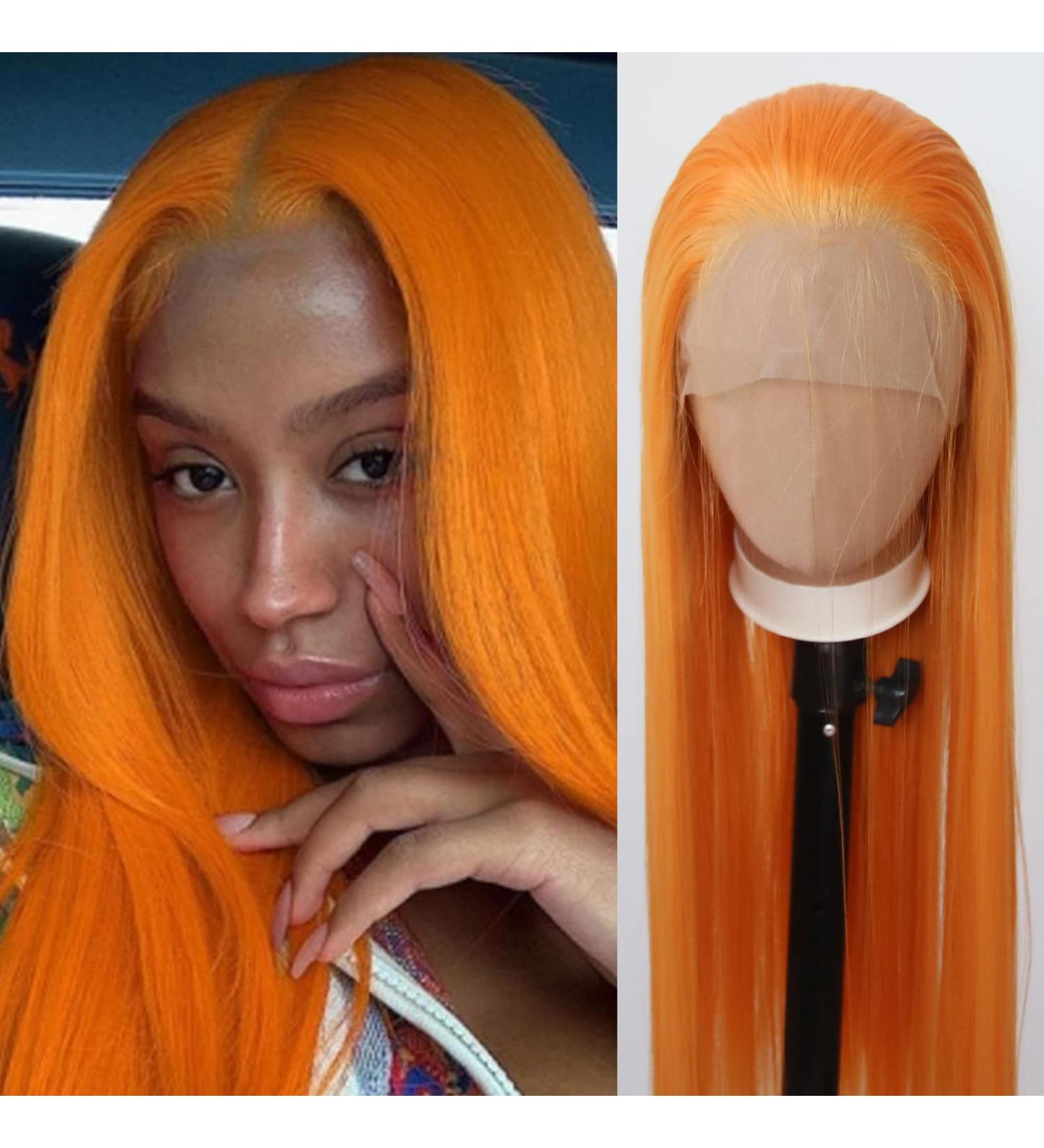 Orange Lace Front Wig - Long Straight Synthetic Hair for Black Women - Heat Resistant Fiber - Cosplay and Daily Wear - Buy Online on SooperMarket.com