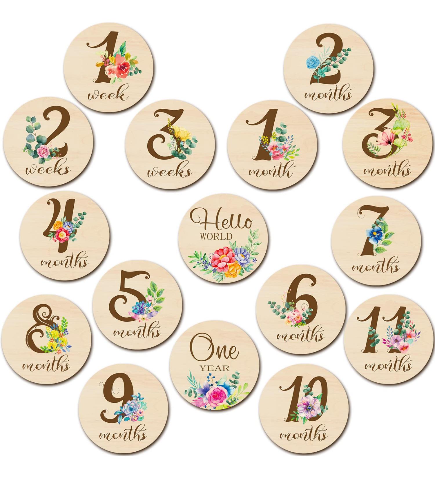 16-Piece Floral Wooden Baby Monthly Milestone Cards - Double-Sided Baby Months Signs for Newborn Photo Props - Fresh Flowers Design - Buy Online on SooperMarket.com