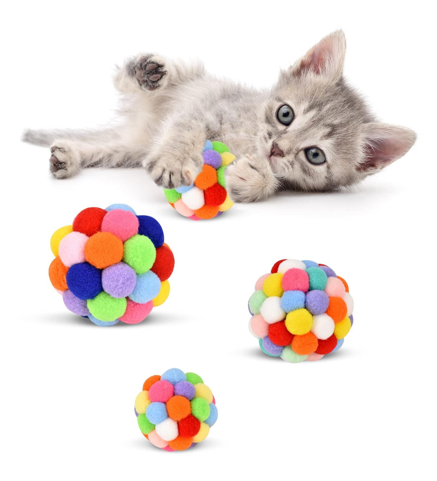 Cat Toy Balls with Bell - Colorful Soft Fuzzy Balls for Indoor Cats and Kittens - Interactive Chewing Toys - 3 Pack - Buy Online on SooperMarket.com