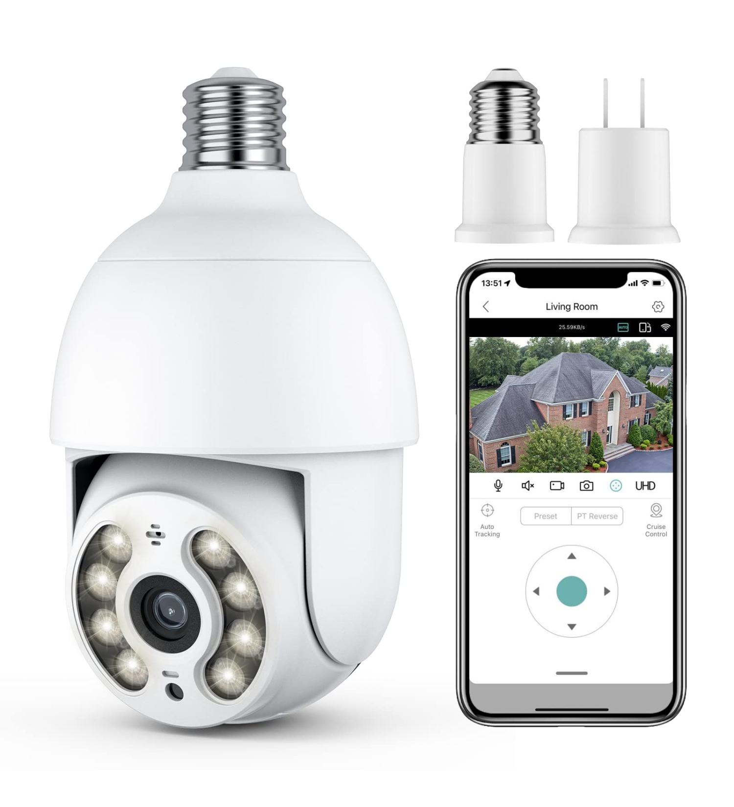 DocSmart 2K Outdoor Wireless Light Bulb Security Camera with 360Pan/Tilt, Color Night Vision and Siren Alarm - IP65 Home Security Camera with Auto Tracking and Two-Way Audio 2.4GHz - Buy Online on SooperMarket.com
