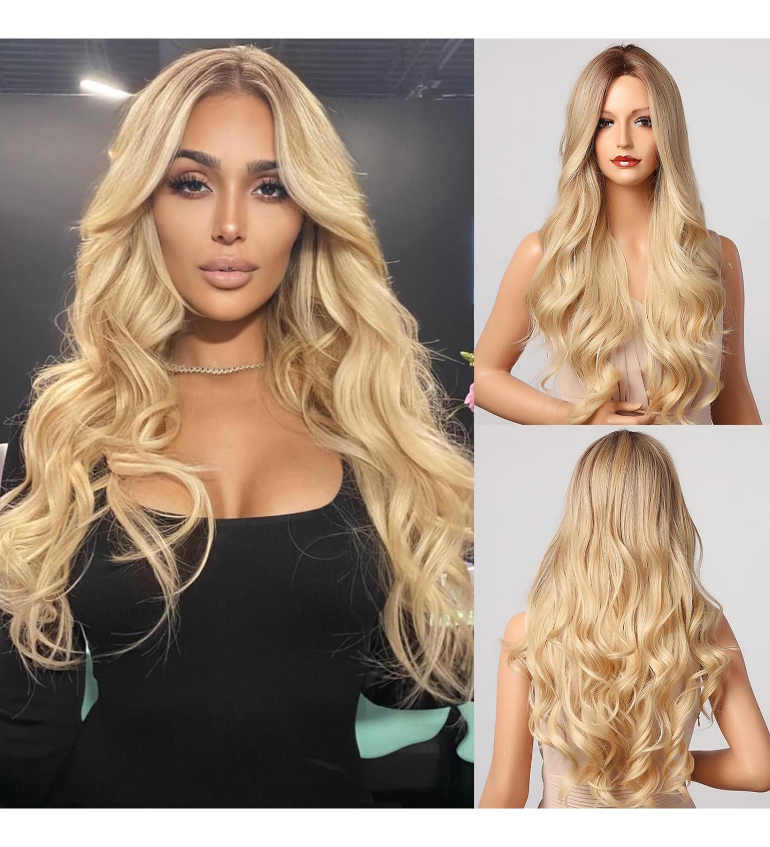 Kellynee Ombre Blonde Wig for Women - Synthetic Hair with Dark Roots | Perfect for Everyday Halloween Parties & Cosplay - Buy Online on SooperMarket.com