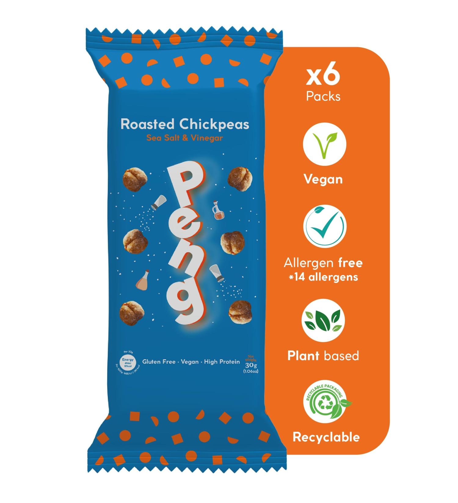 Peng Roasted Chickpeas Snack (6 x 30g) - Plant-Based High Protein Sea Salt & Vinegar Flavor - Buy Online on SooperMarket.com