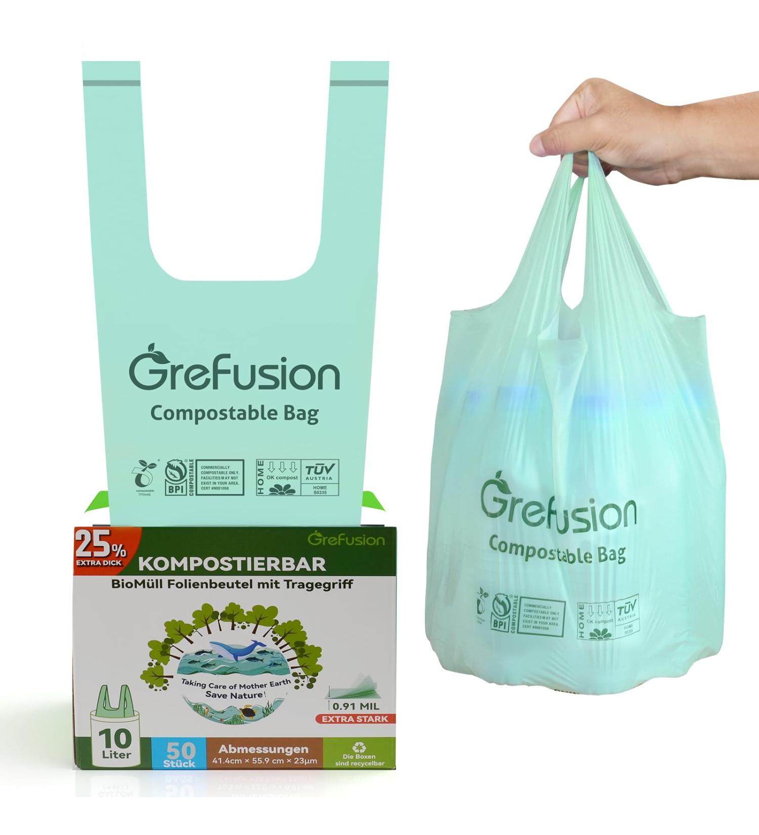 GreFusion Extra Strong 10L Organic Waste Bags with Handle - 50 Durable Garbage Bags for Eco-Friendly Disposal - Buy Online on SooperMarket.com