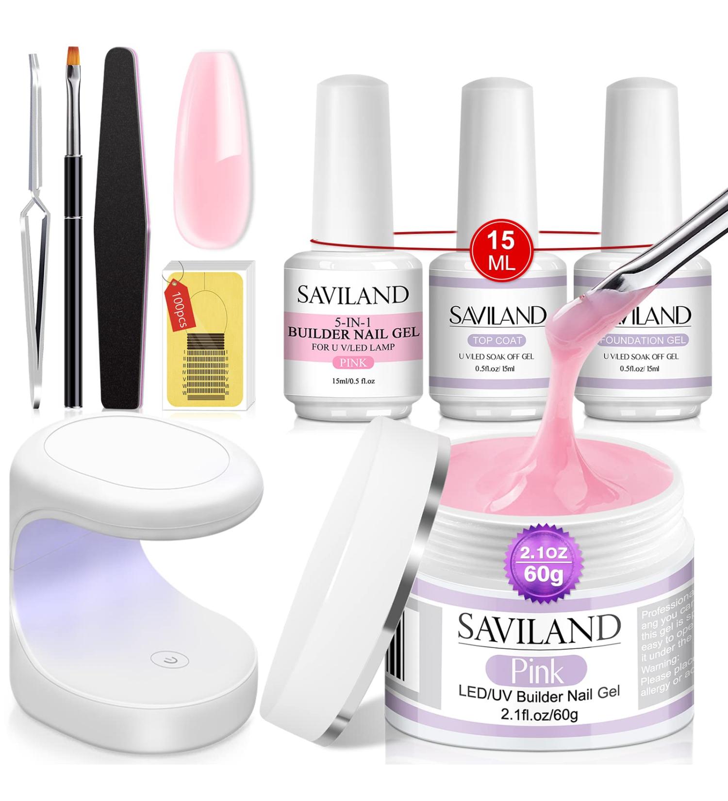 Saviland Pink Builder Nail Gel Kit - 5-In-1 Builder Base & Hard Gel for Nail Strengthening, Repair, and Extensions - DIY Home Nail Kit - Buy Online on SooperMarket.com