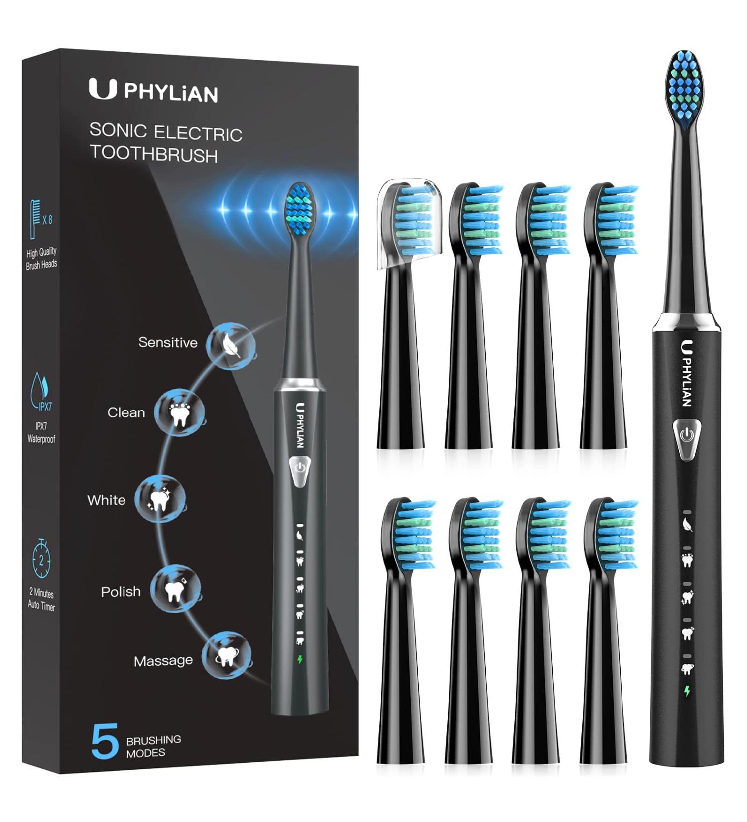 PHYLIAN Sonic Electric Toothbrush for Adults - 5 Modes - Fast Charge - Smart Timer - Black - Buy Online on SooperMarket.com