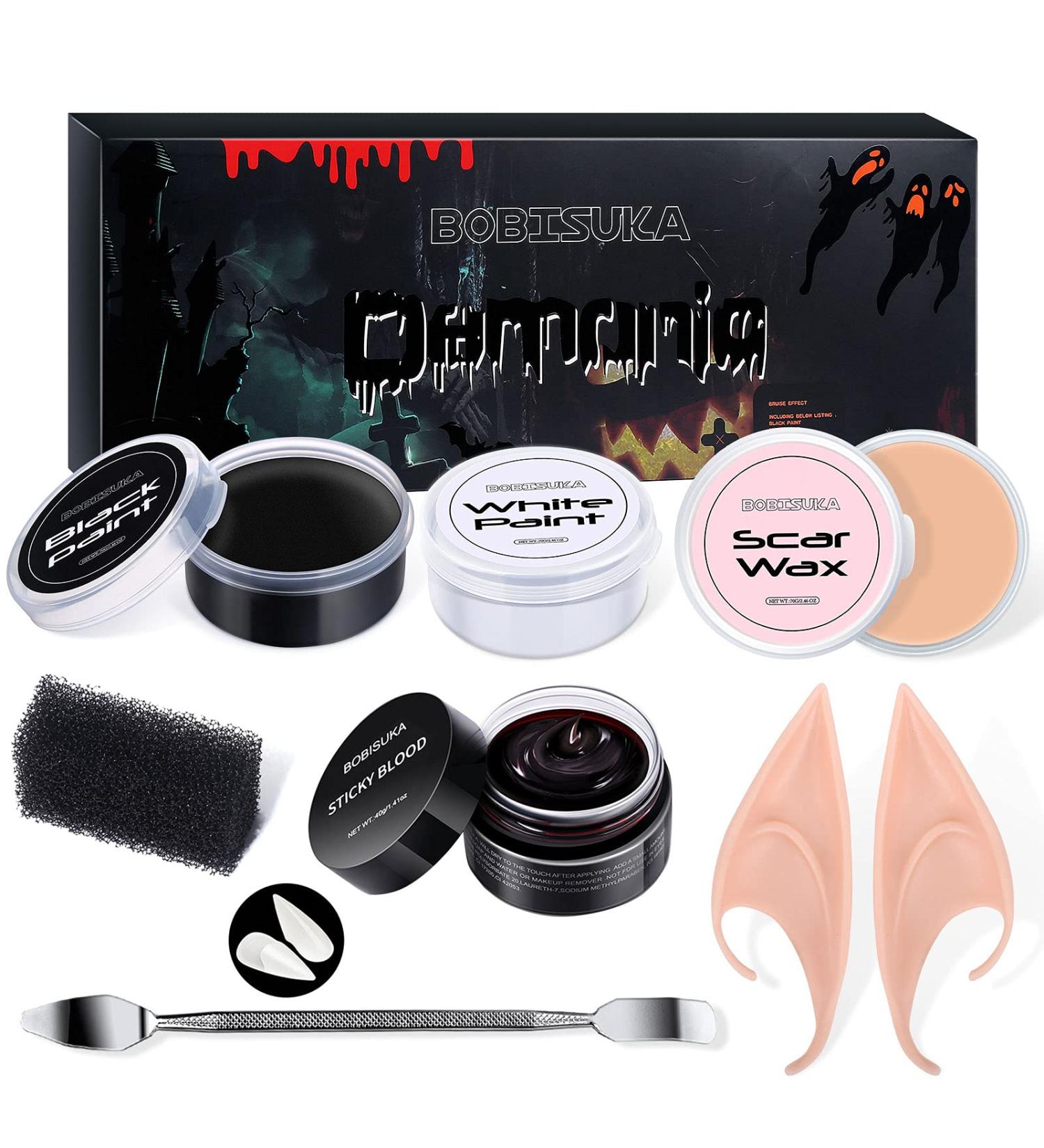 BOBISUKA Halloween Makeup Kit Black White Face Body Paint + Scar Wax + Fake Blood + Elf Ears + Vampire Teeth - Cosplay Face Paint Set - Buy Online on SooperMarket.com