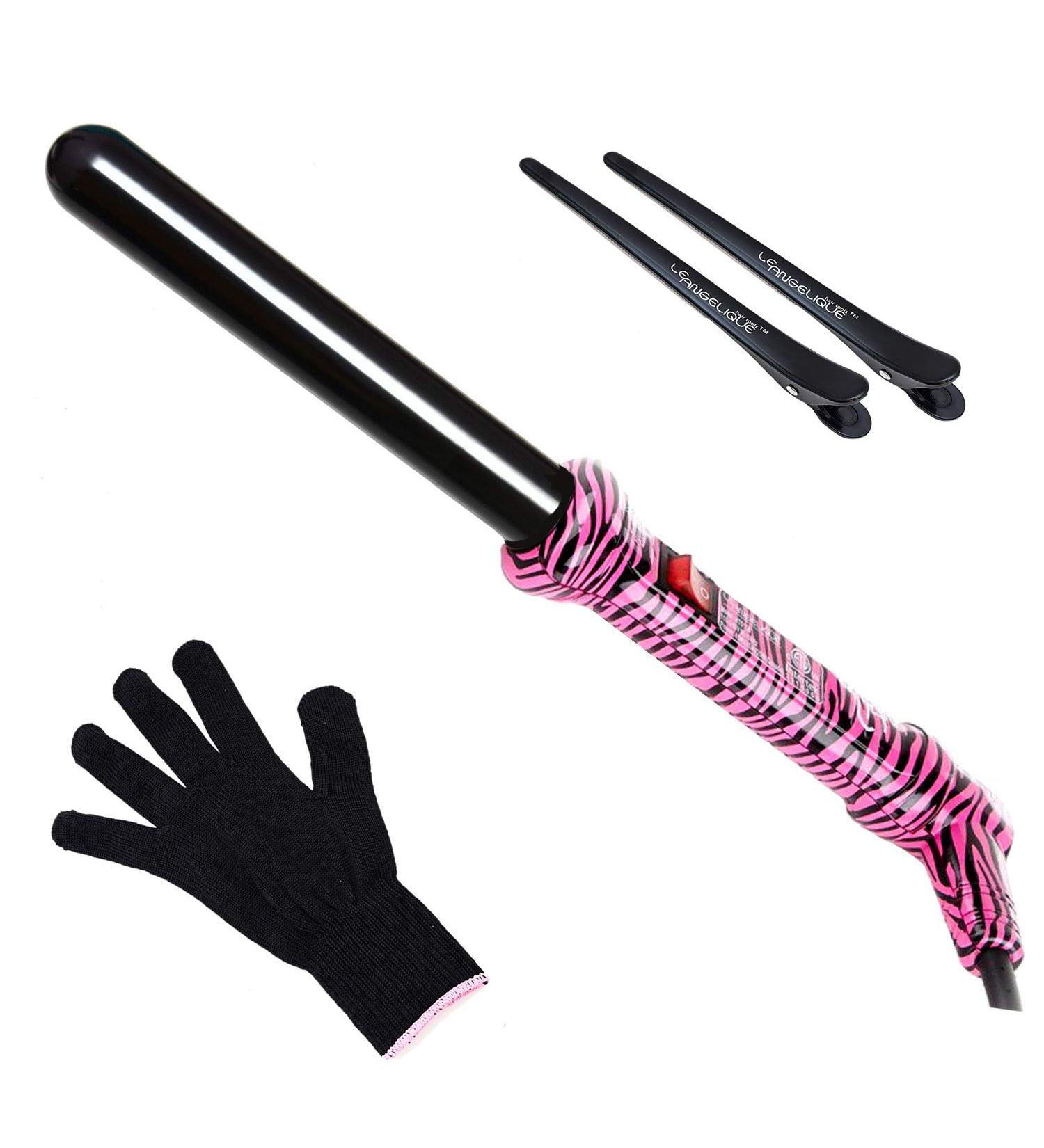 Le Angelique 1 Inch Ceramic Curling Wand - Professional Clipless Curler for Beach Waves & Curls - 450F Instant Heat Dual Voltage Includes Glove & Clips - Pink Zebra - Buy Online on SooperMarket.com