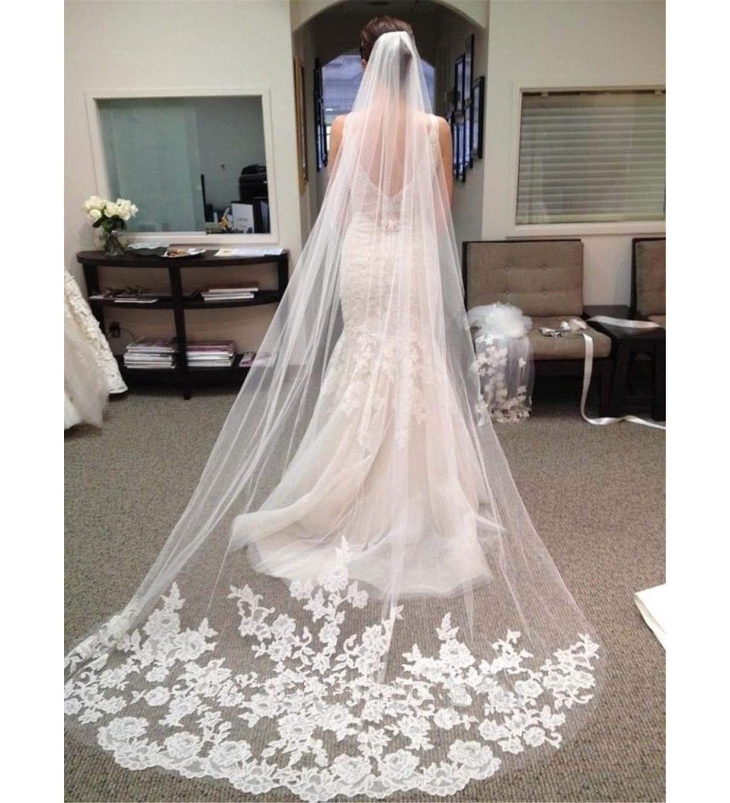 Cathedral Length Lace Bridal Wedding Veil with Comb - Floral 118 Headpiece for Women (White-2) - Buy Online on SooperMarket.com