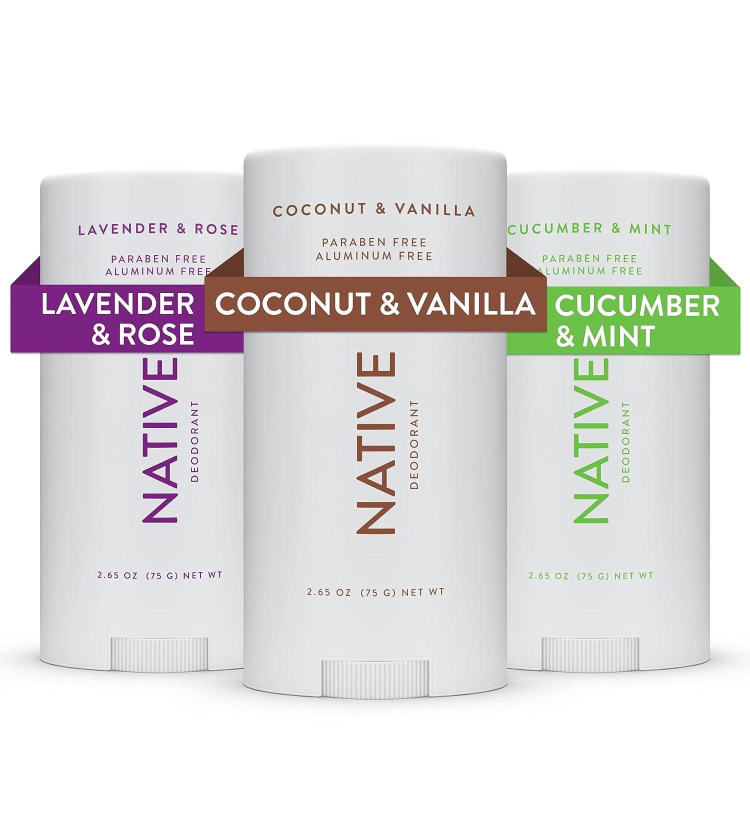 Native Deodorant Contains Naturally Derived Ingredients | Deodorant for Women and Men, Aluminum Free with Baking Soda | Coconut & Vanilla, Lavender & Rose, Cucumber & Mint, Variety Pack of 3