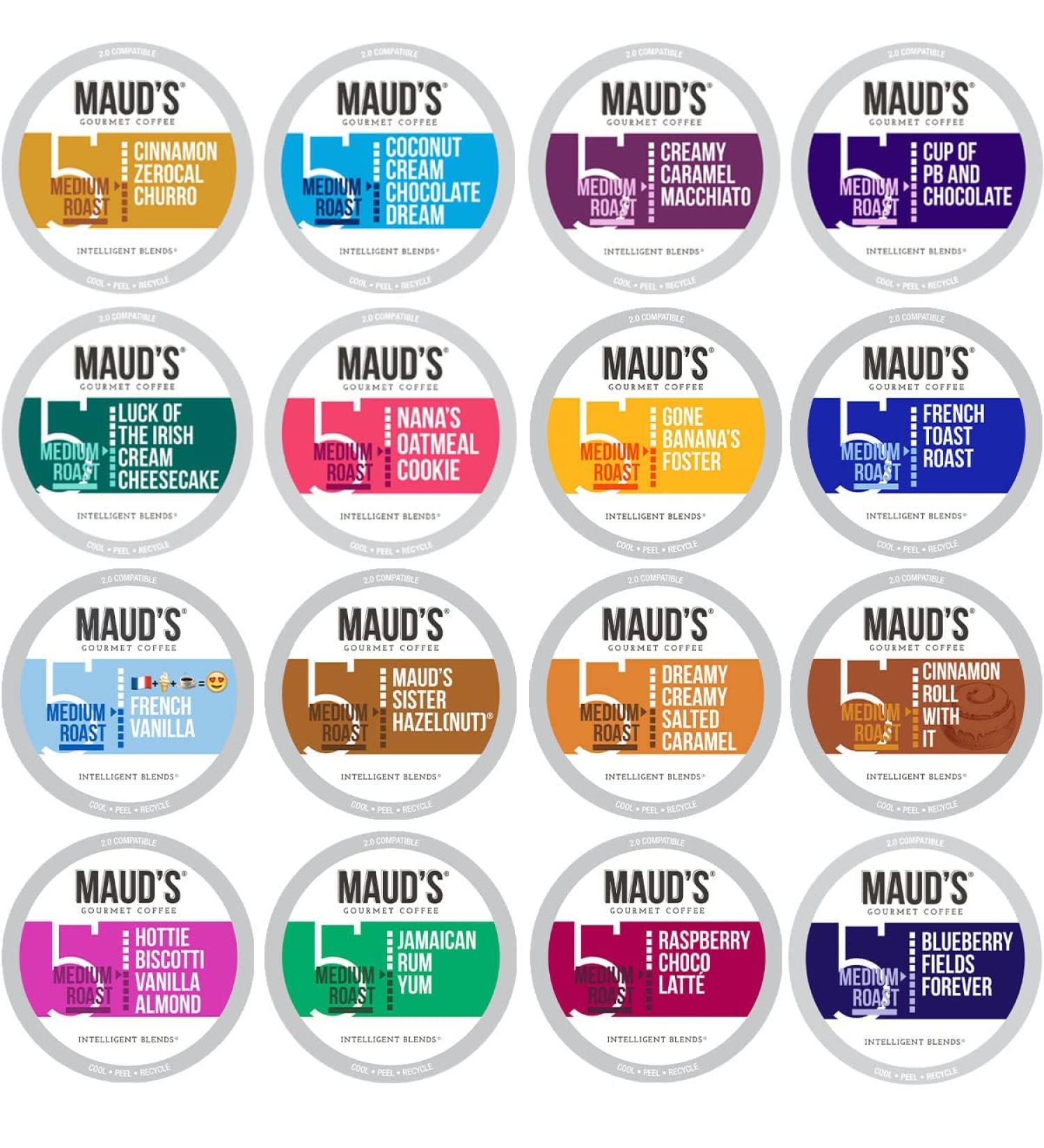 80ct Maud's Super Flavored Coffee Pods Variety Pack - 100% Arabica, 16 Flavors, Solar Energy Produced, Recyclable - KCup Compatible - California Roasted - 80 Count - Buy Online on SooperMarket.com