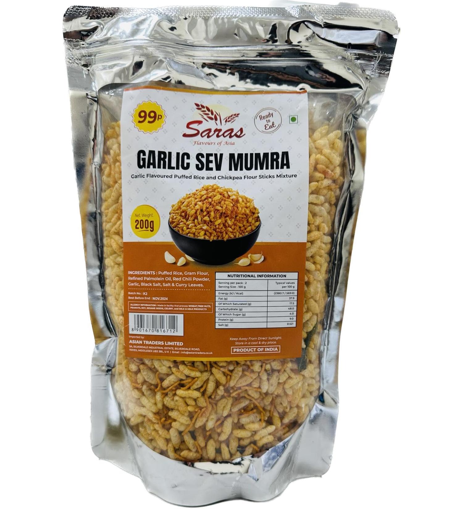 Saras Garlic Sev Mumra - 200g (Pack of 3) | Crispy and Flavorful Snack Combo | Crispy and Flavorful | Ready-to-Eat - Buy Online on SooperMarket.com