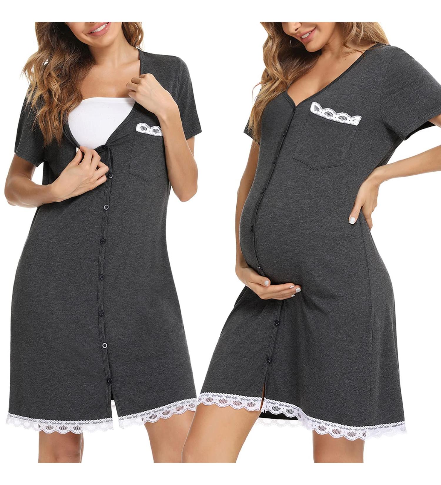 Uniexcosm Maternity Nursing Nightdress - Women's Short Sleeve Nightwear in Soft Dark Grey Stripe - Button Down Nightgown for Comfortable Sleep - Maternity Pyjamas Nightshirt - Buy Online on SooperMarket.com