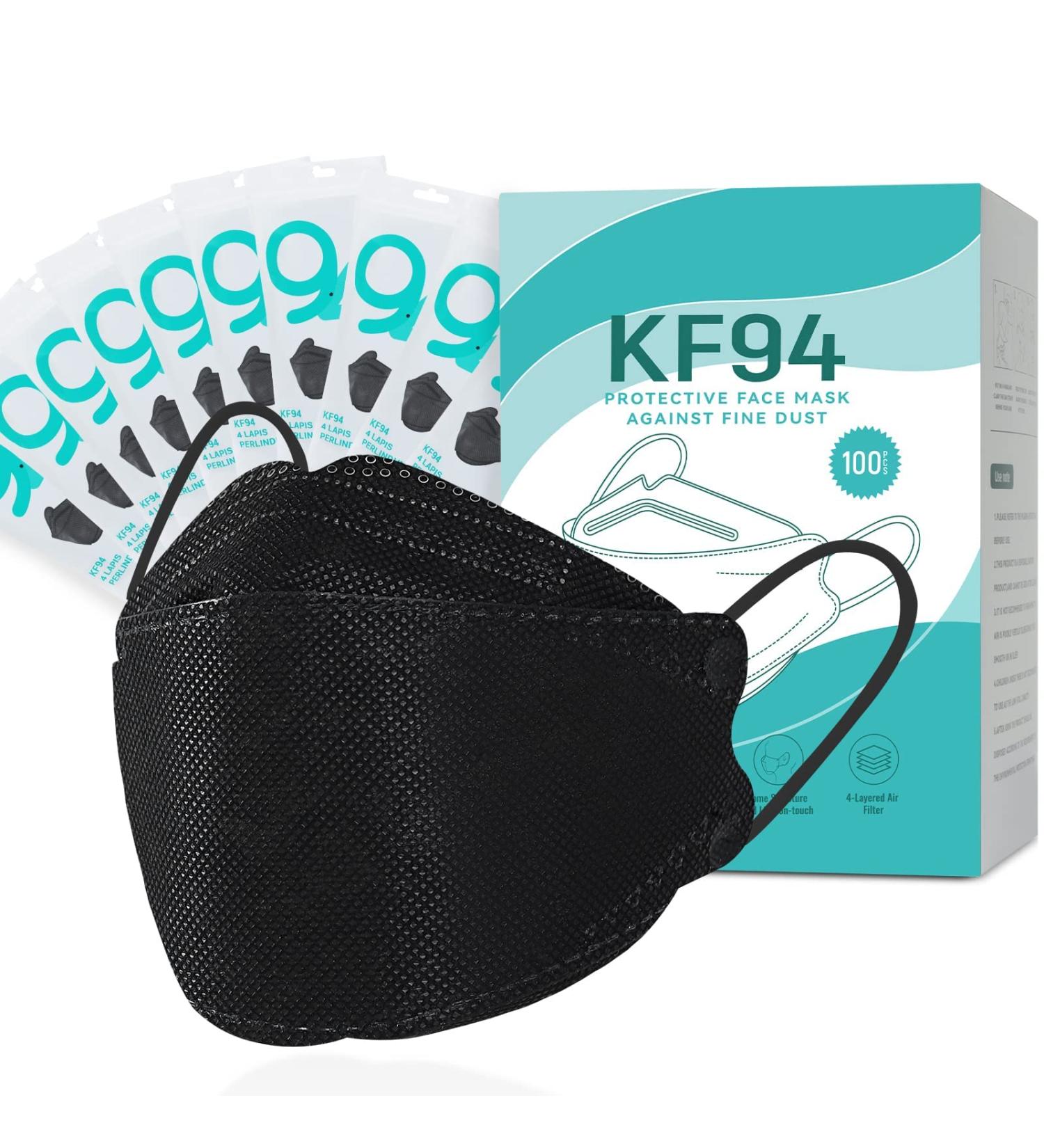 100 PCS Black KF94 Face Masks with Nose Clip - Breathable 4-Ply Disposable Dust Mask for Men & Women - Adjustable Earloop - Buy Online on SooperMarket.com